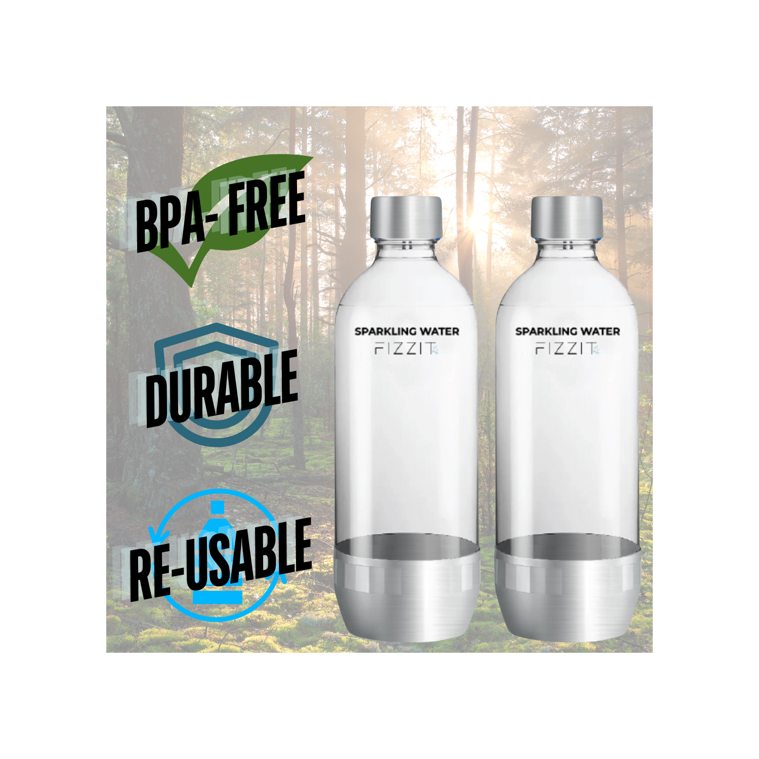 FIZZIT Compatible Replacement Bottle for Sodastream Carbonating Sparkling Water Machine 1 Liter 2 Pack