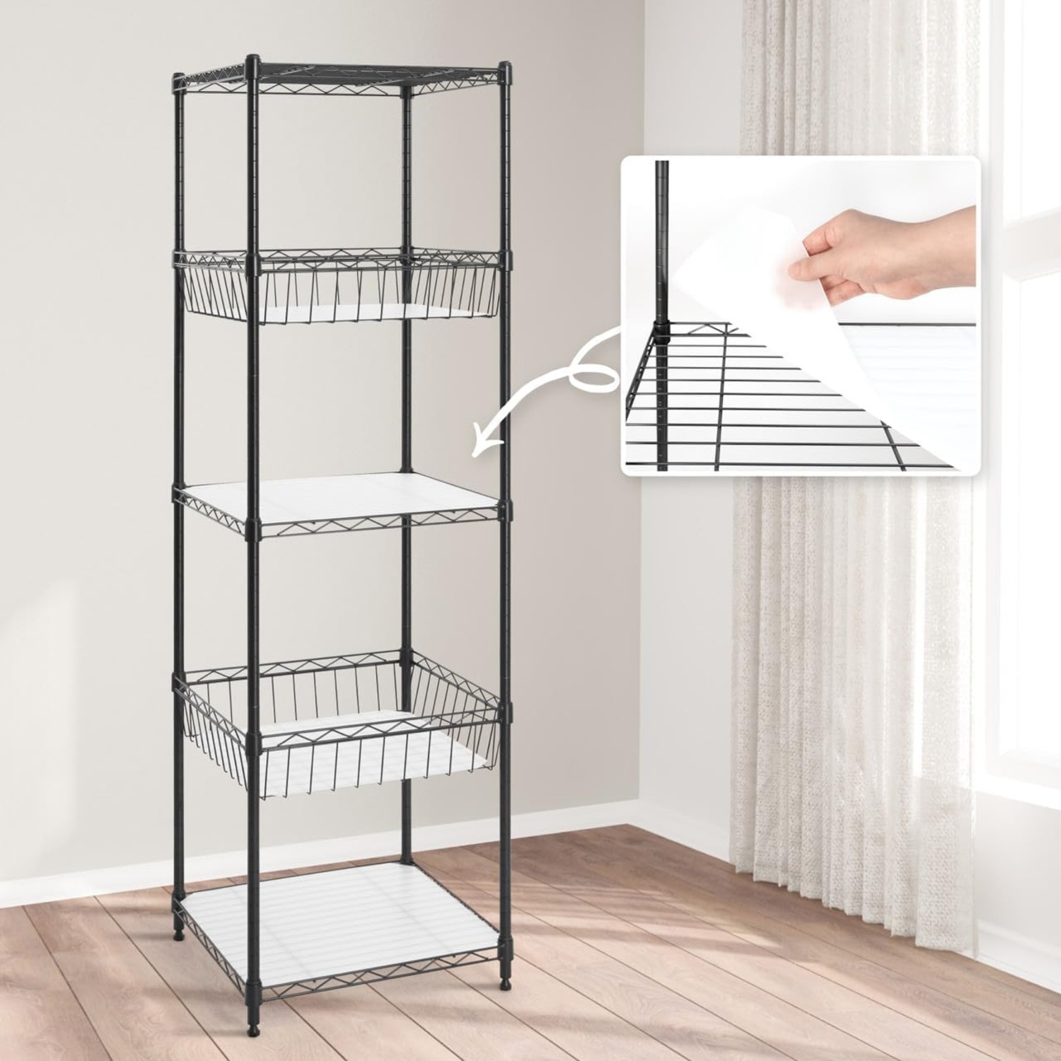 CAPHAUS NSF Adjustable Height 5 Tier Wire Shelving Unit w/Basket & Liner, Storage Rack Corner Shelves, Metal Storage Rack for Kitchen, Bathroom,