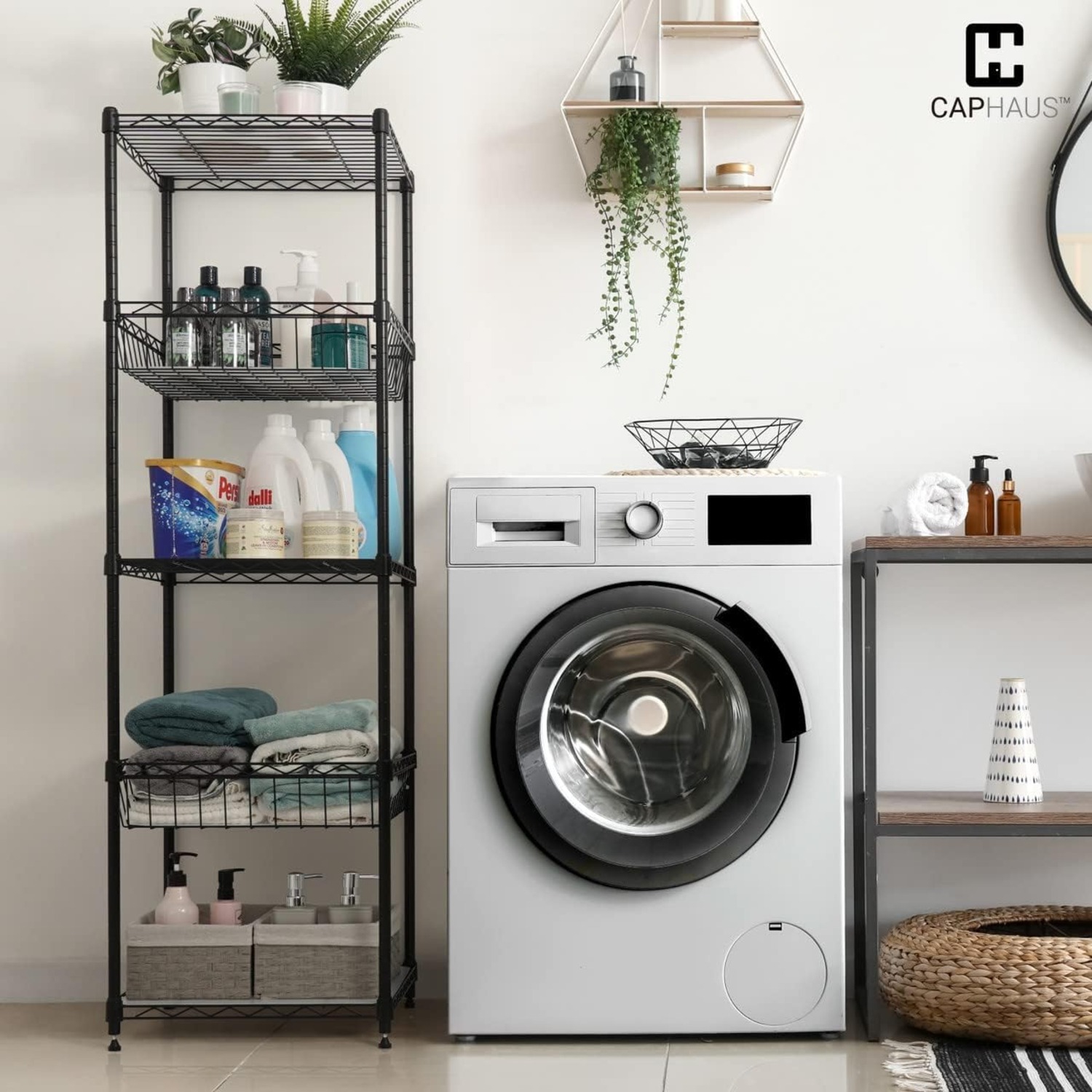 CAPHAUS NSF Adjustable Height 5 Tier Wire Shelving Unit w/Basket & Liner, Storage Rack Corner Shelves, Metal Storage Rack for Kitchen, Bathroom,