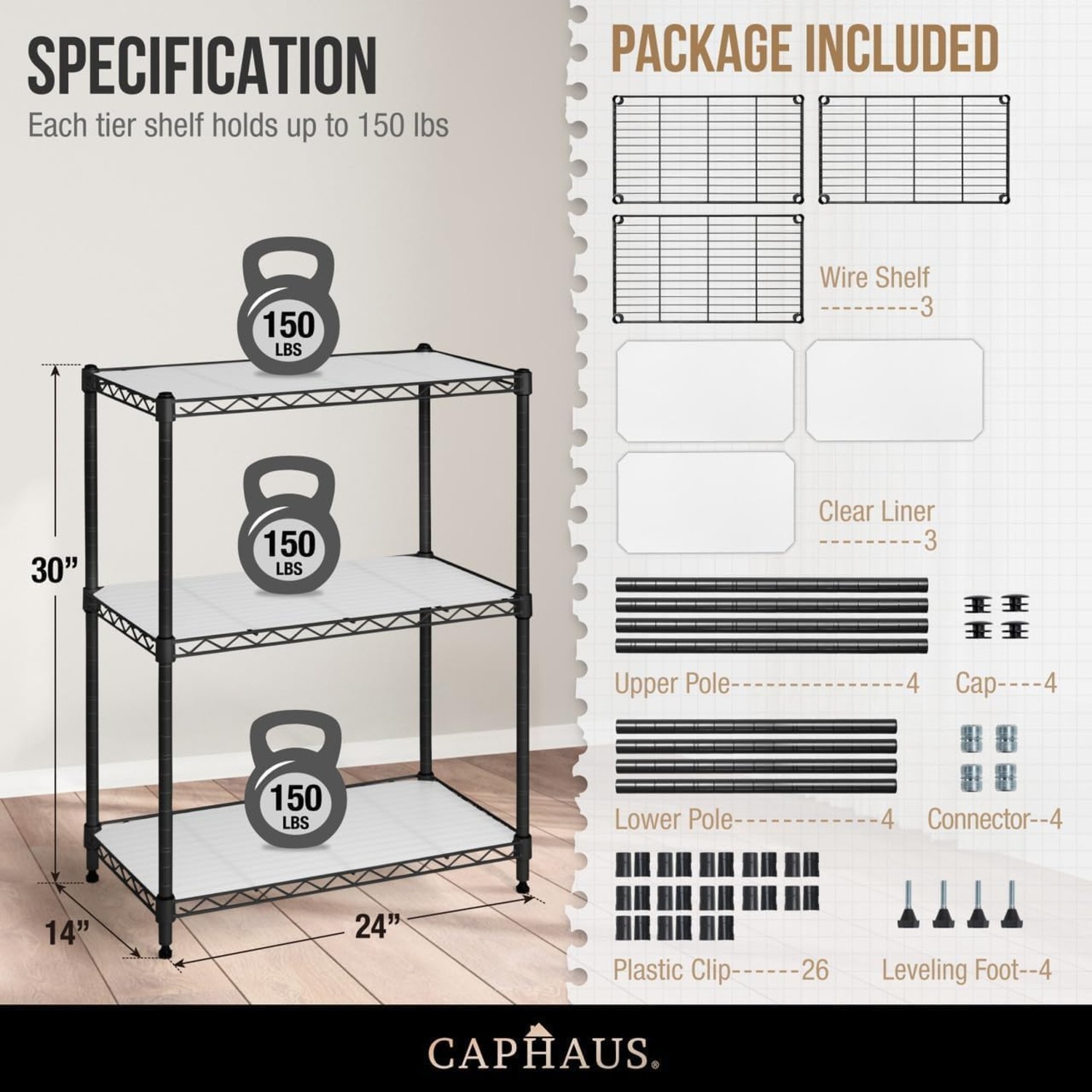 CAPHAUS NSF Adjustable Height Wire Shelving Unit w/Liner, Basement Storage Shelving, Metal Steel Storage Shelves, Garage Shelving Storage Organizer,