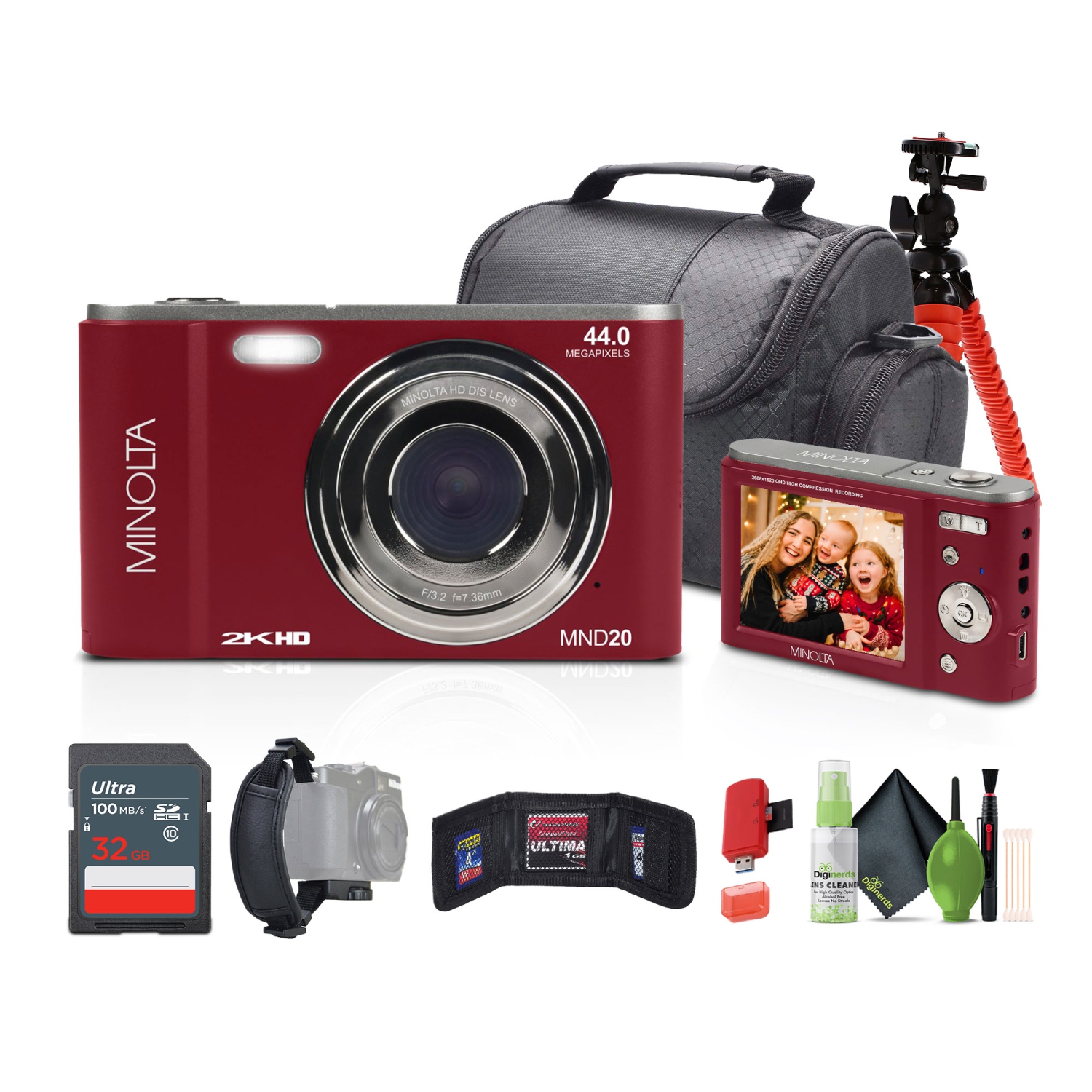 Minolta MND20 44 MP / 2.7K Ultra HD Digital Camera with 32GB Card, Bag, and Tripod Bundle - Red
