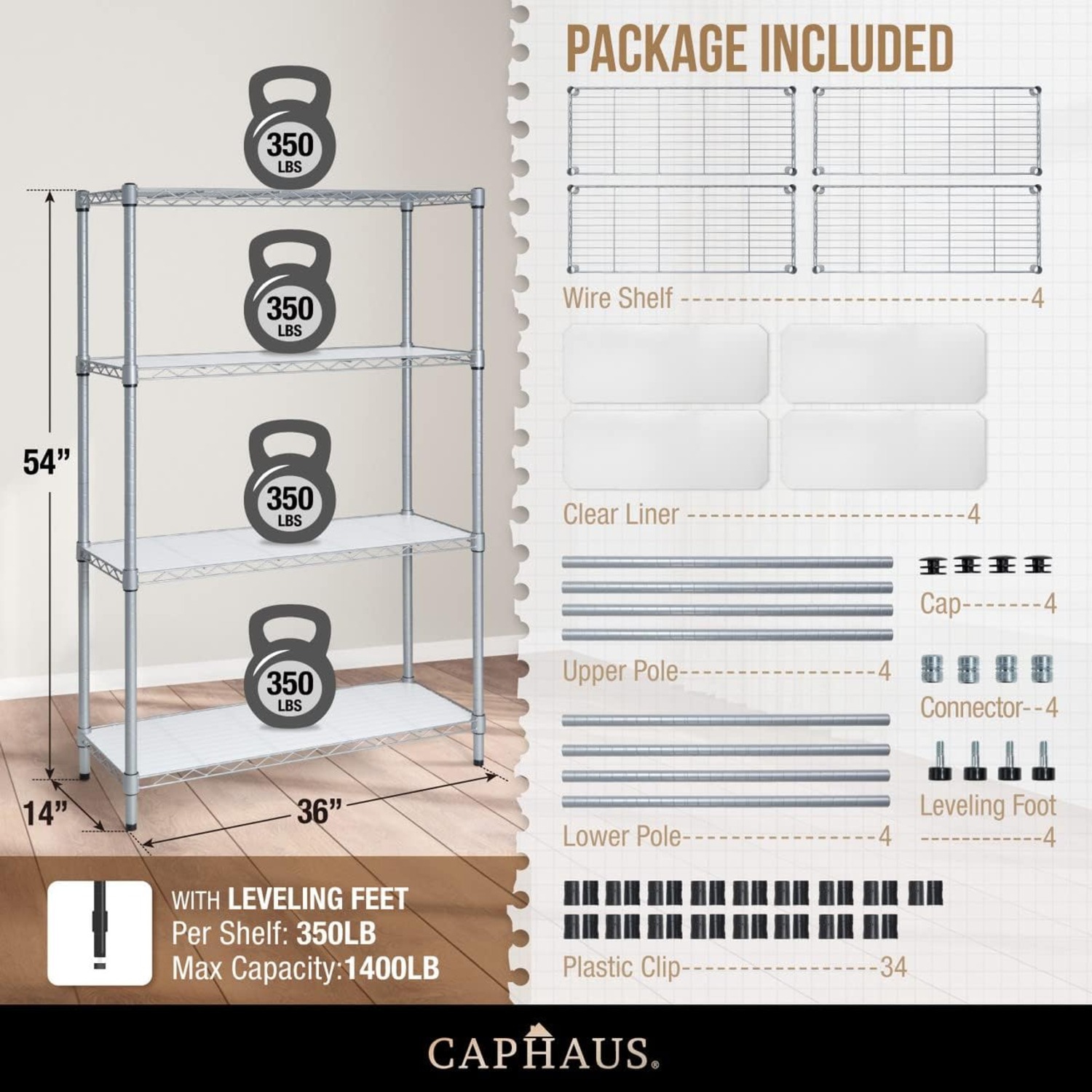 CAPHAUS NSF Adjustable Height Wire Shelving w/Liner, Basement Storage Shelving, Metal Steel Storage Shelving, Garage Shelving Storage Organizer,