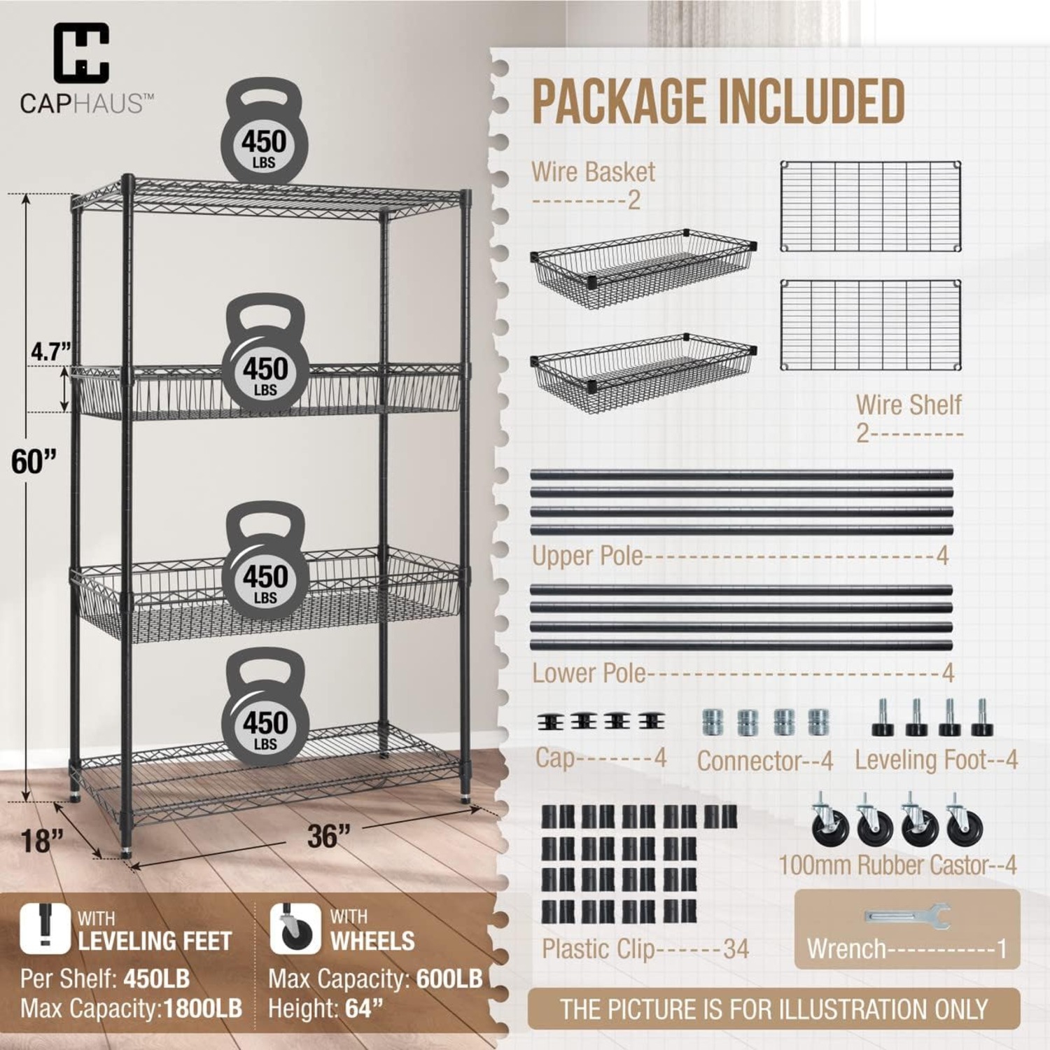 CAPHAUS NSF Commercial Heavy Duty 4 Tier Wire Shelving w/Two Rectangle Baskets, Wheels, Leveling Feet, Storage Metal Shelf, Basement Garage Shelving