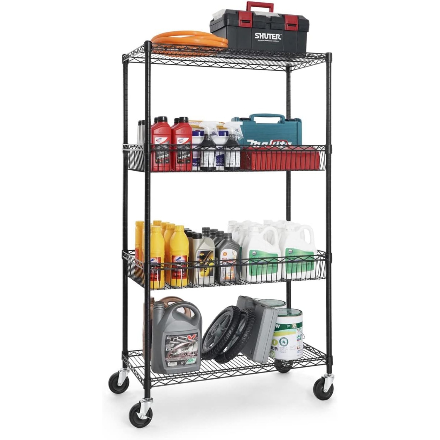 CAPHAUS NSF Commercial Heavy Duty 4 Tier Wire Shelving w/Two Rectangle Baskets, Wheels, Leveling Feet, Storage Metal Shelf, Basement Garage Shelving