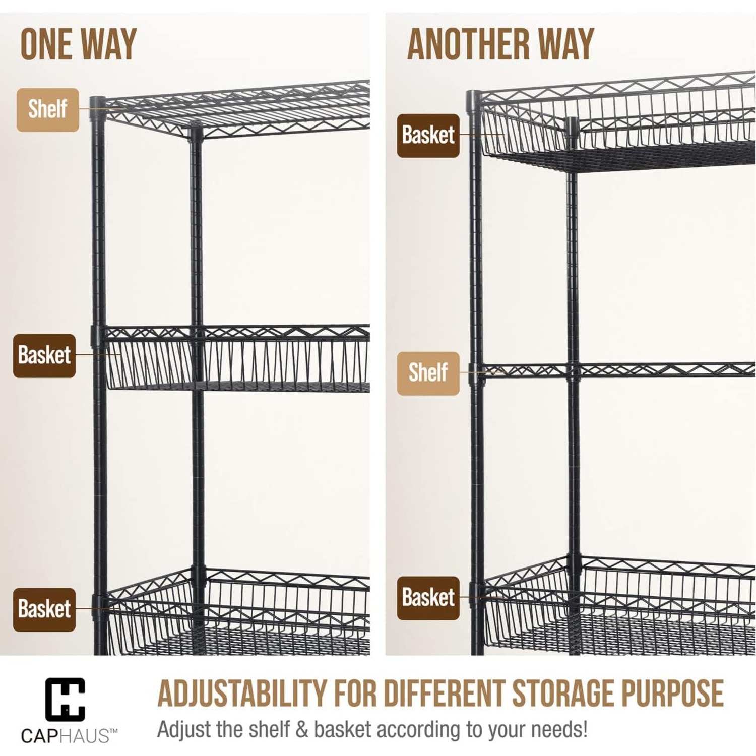 CAPHAUS NSF Commercial Heavy Duty 4 Tier Wire Shelving w/Two Rectangle Baskets, Wheels, Leveling Feet, Storage Metal Shelf, Basement Garage Shelving