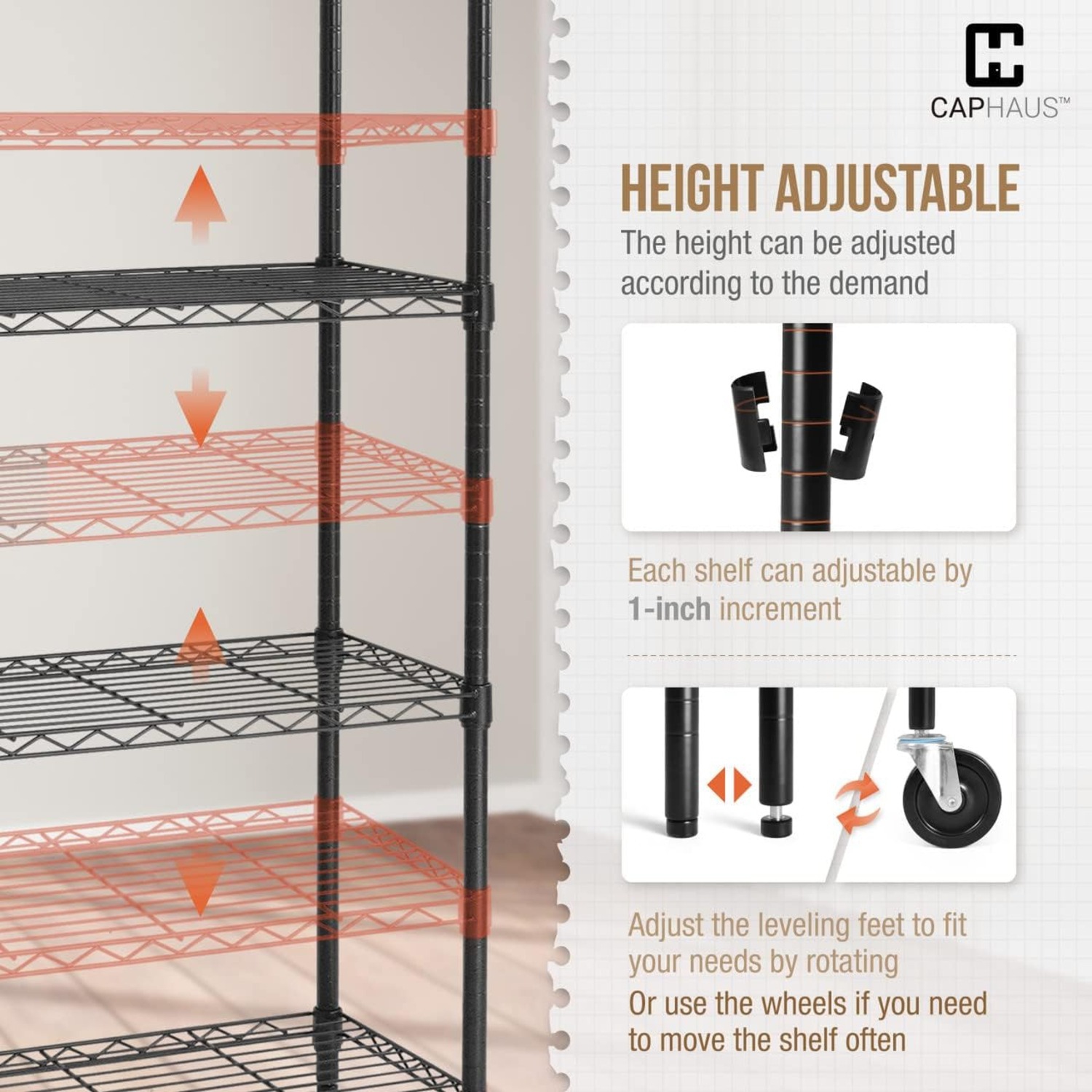 CAPHAUS NSF Commercial Heavy Duty 4 Tier Wire Shelving w/Two Rectangle Baskets, Wheels, Leveling Feet, Storage Metal Shelf, Basement Garage Shelving