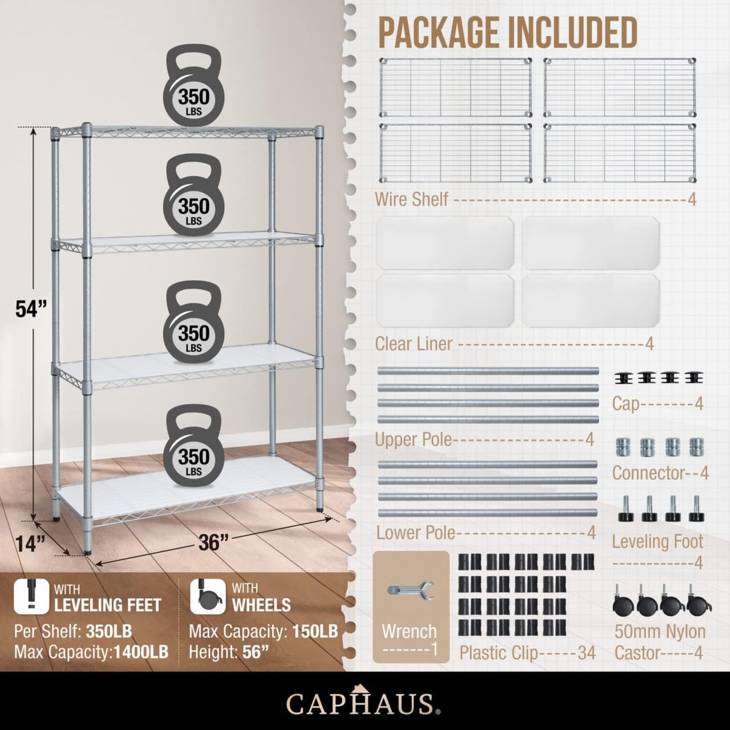 CAPHAUS NSF Adjustable Height Wire Shelving w/Liner, Metal Steel Storage Shelves, Utility Shelf, Garage Shelving Storage Organizer, Basement Storage