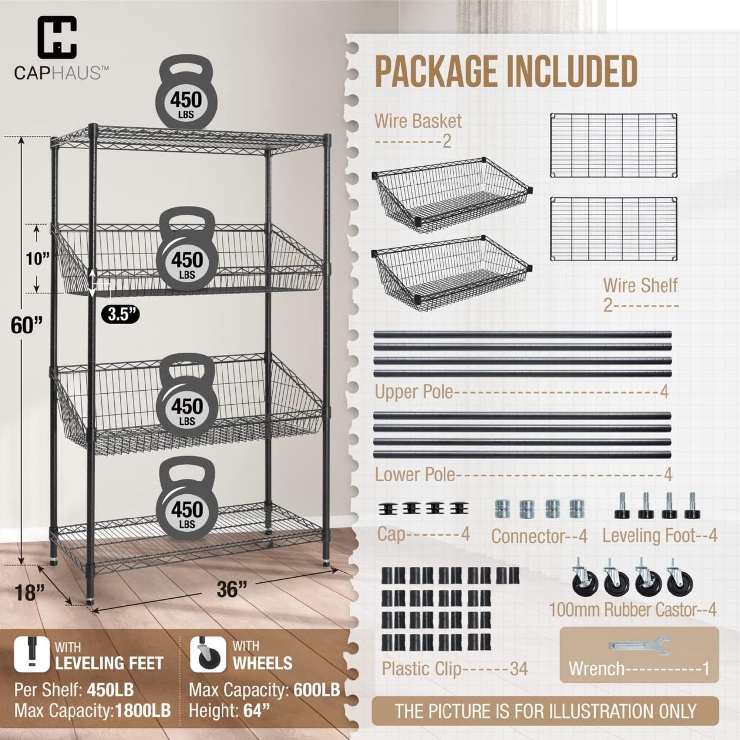 CAPHAUS NSF Commercial Heavy Duty 4 Tier Wire Shelving w/Two Trapezoid Baskets, Wheels, Leveling Feet, Storage Metal Shelf, Basement Garage Shelving