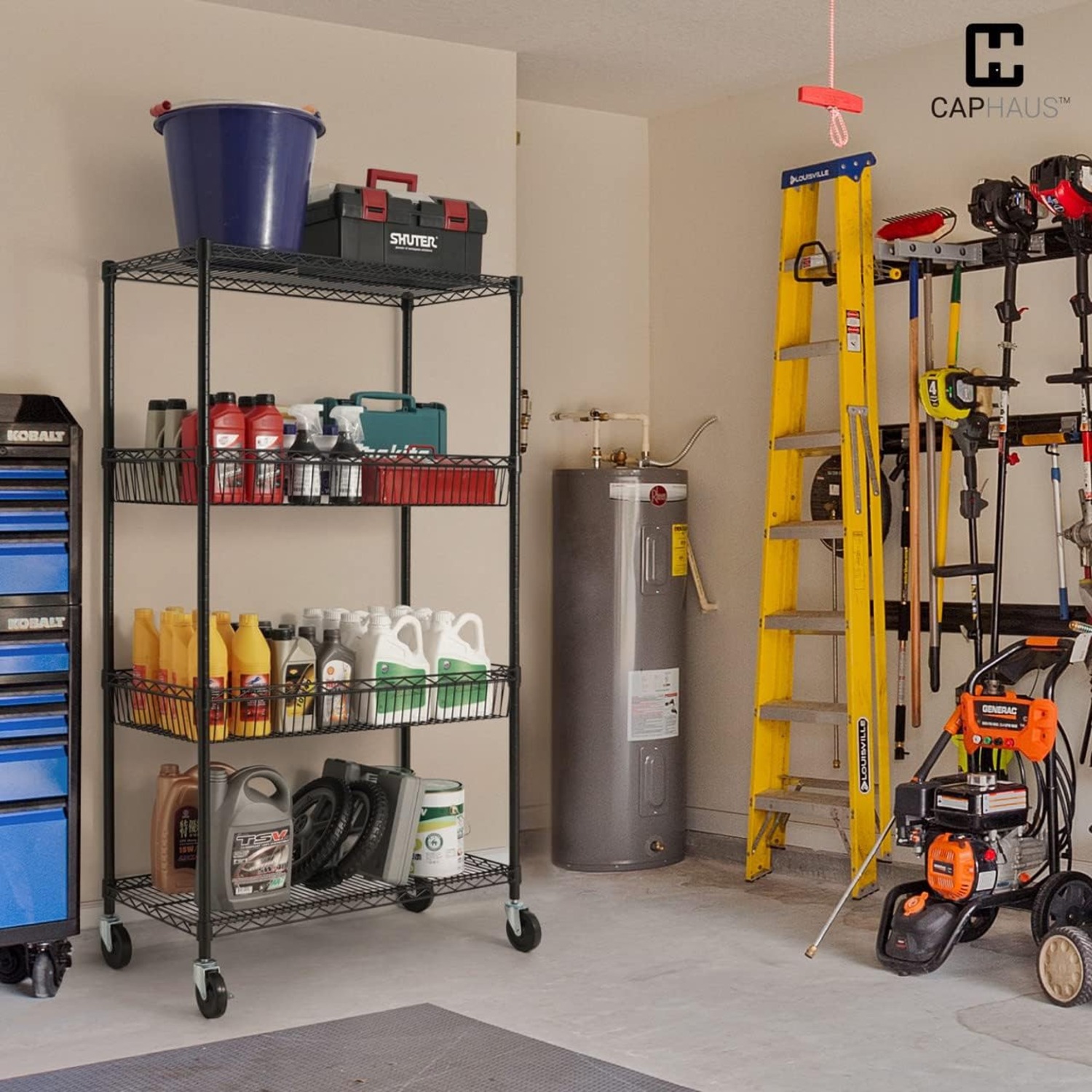 CAPHAUS NSF Commercial Heavy Duty 4 Tier Wire Shelving w/Two Trapezoid Baskets, Wheels, Leveling Feet, Storage Metal Shelf, Basement Garage Shelving