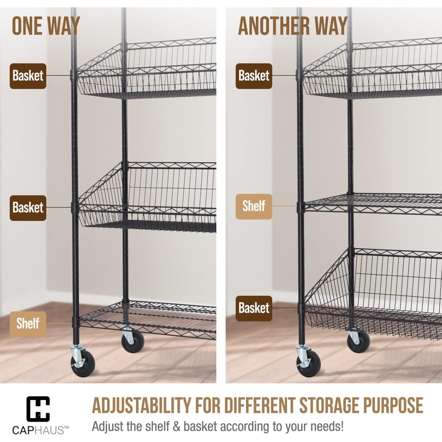 CAPHAUS NSF Commercial Heavy Duty 4 Tier Wire Shelving w/Two Trapezoid Baskets, Wheels, Leveling Feet, Storage Metal Shelf, Basement Garage Shelving