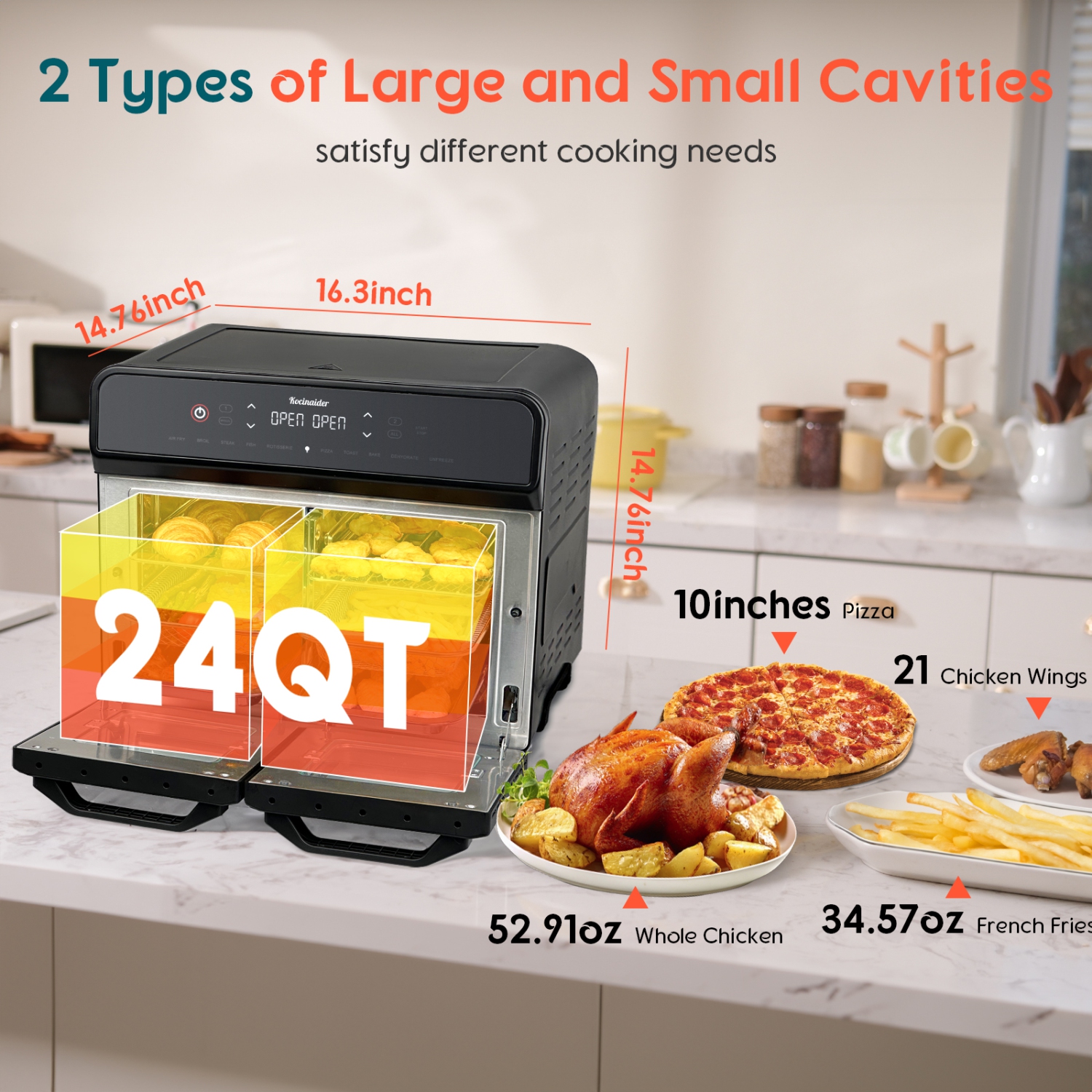 Kocinaider - 24Qt Dual Zone Air Fryer Oven with Rotisserie