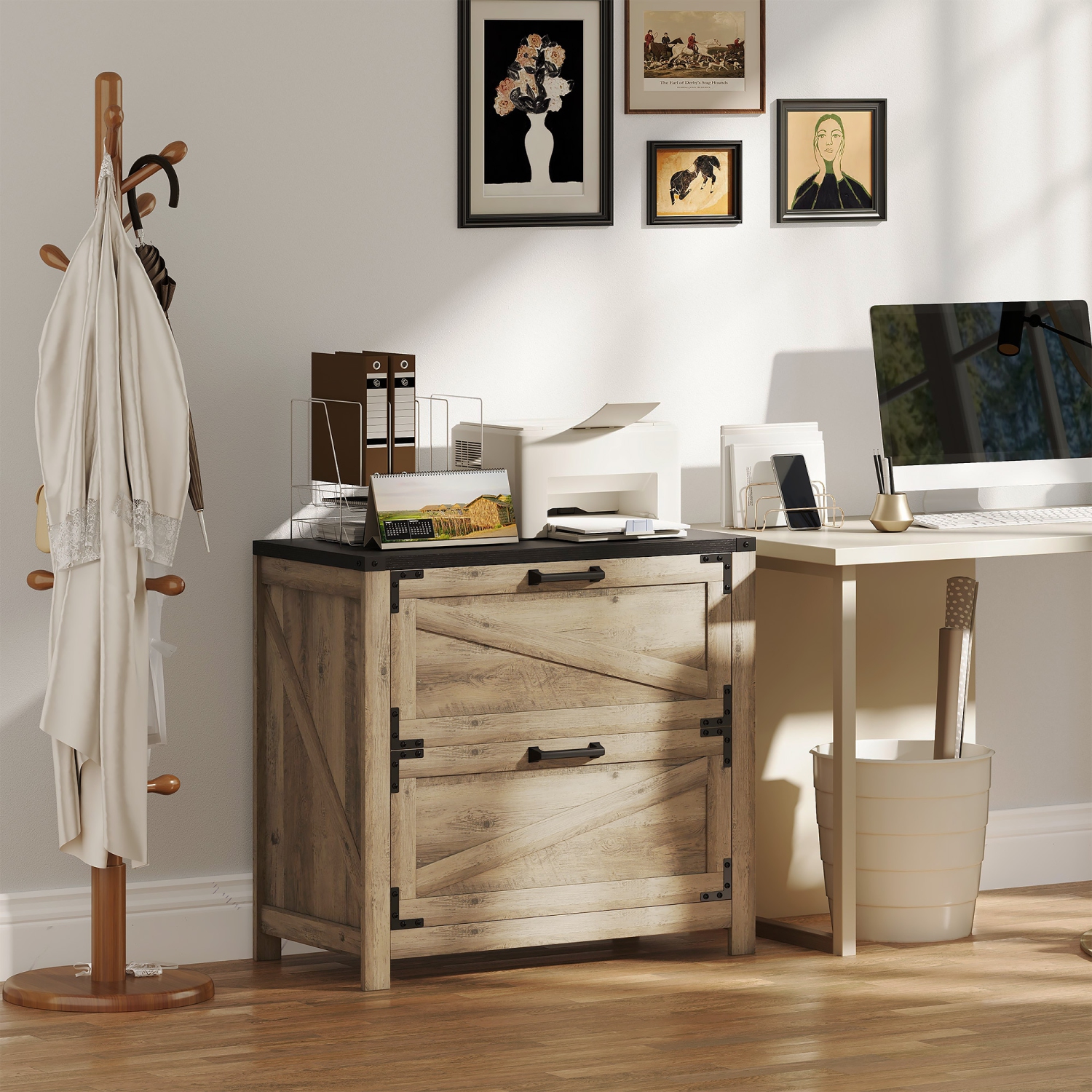 HOMCOM File Cabinet with 2 Drawers, Farmhouse Lateral Filing Cabinet with Adjustable Hanging Bars for Letter, A4 and Legal Size, Printer Stand for