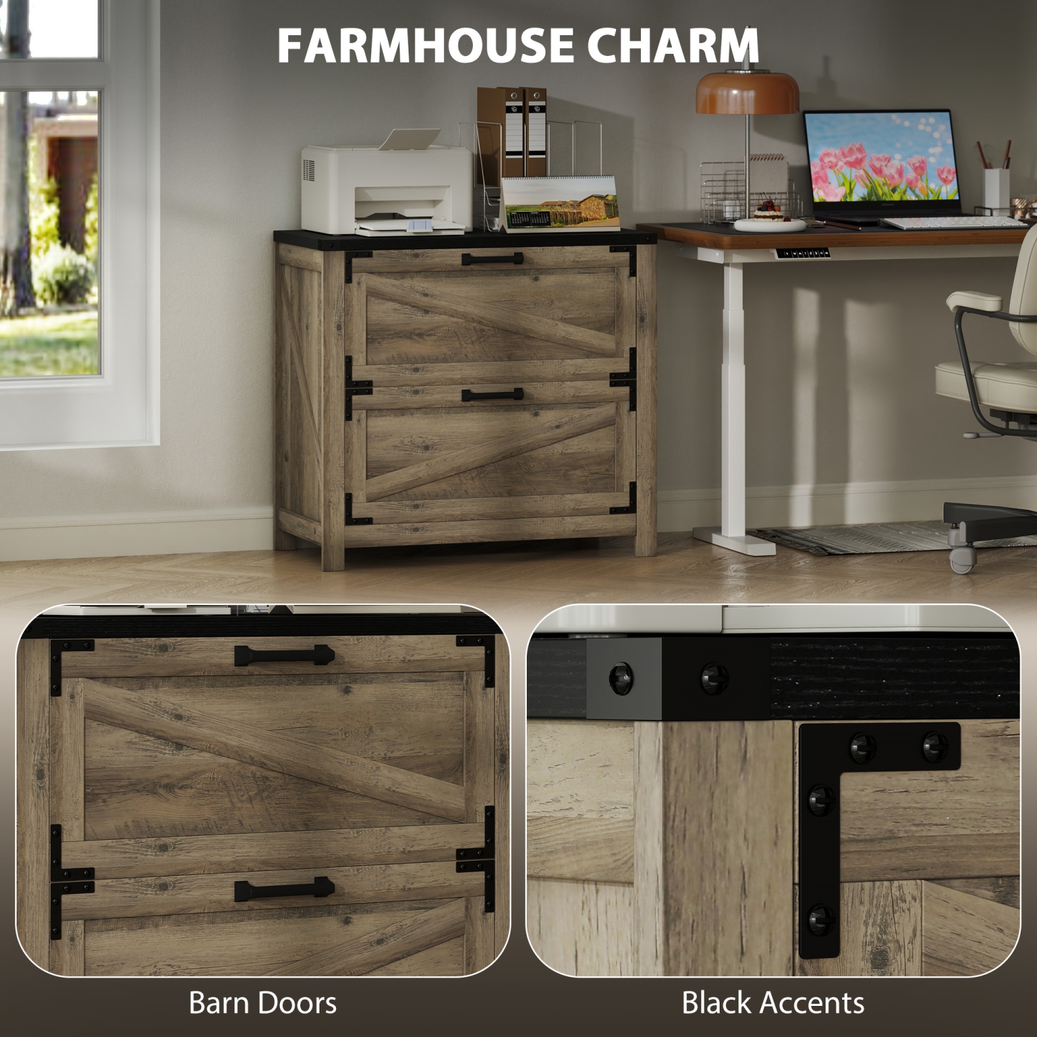 HOMCOM File Cabinet with 2 Drawers, Farmhouse Lateral Filing Cabinet with Adjustable Hanging Bars for Letter, A4 and Legal Size, Printer Stand for