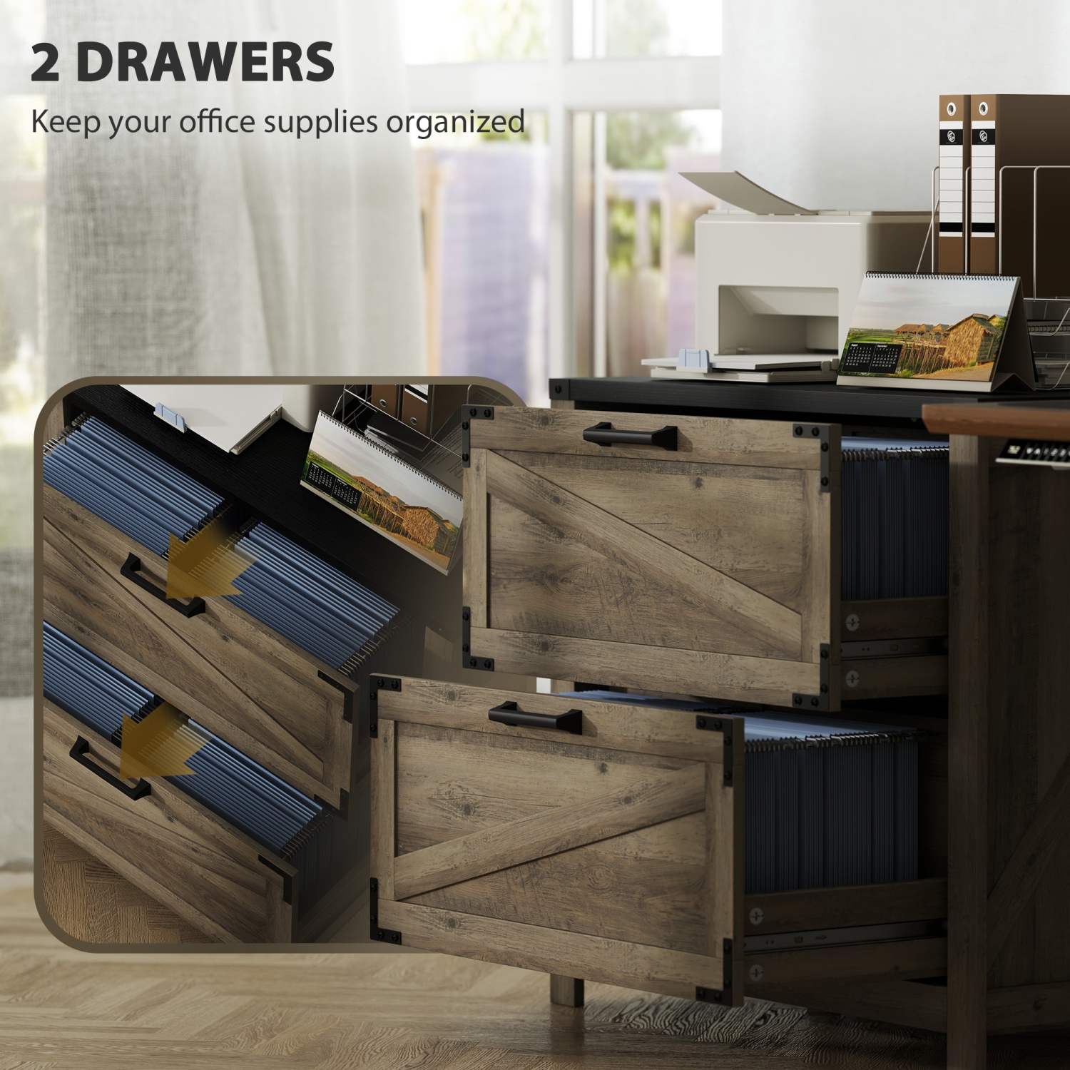 HOMCOM File Cabinet with 2 Drawers, Farmhouse Lateral Filing Cabinet with Adjustable Hanging Bars for Letter, A4 and Legal Size, Printer Stand for