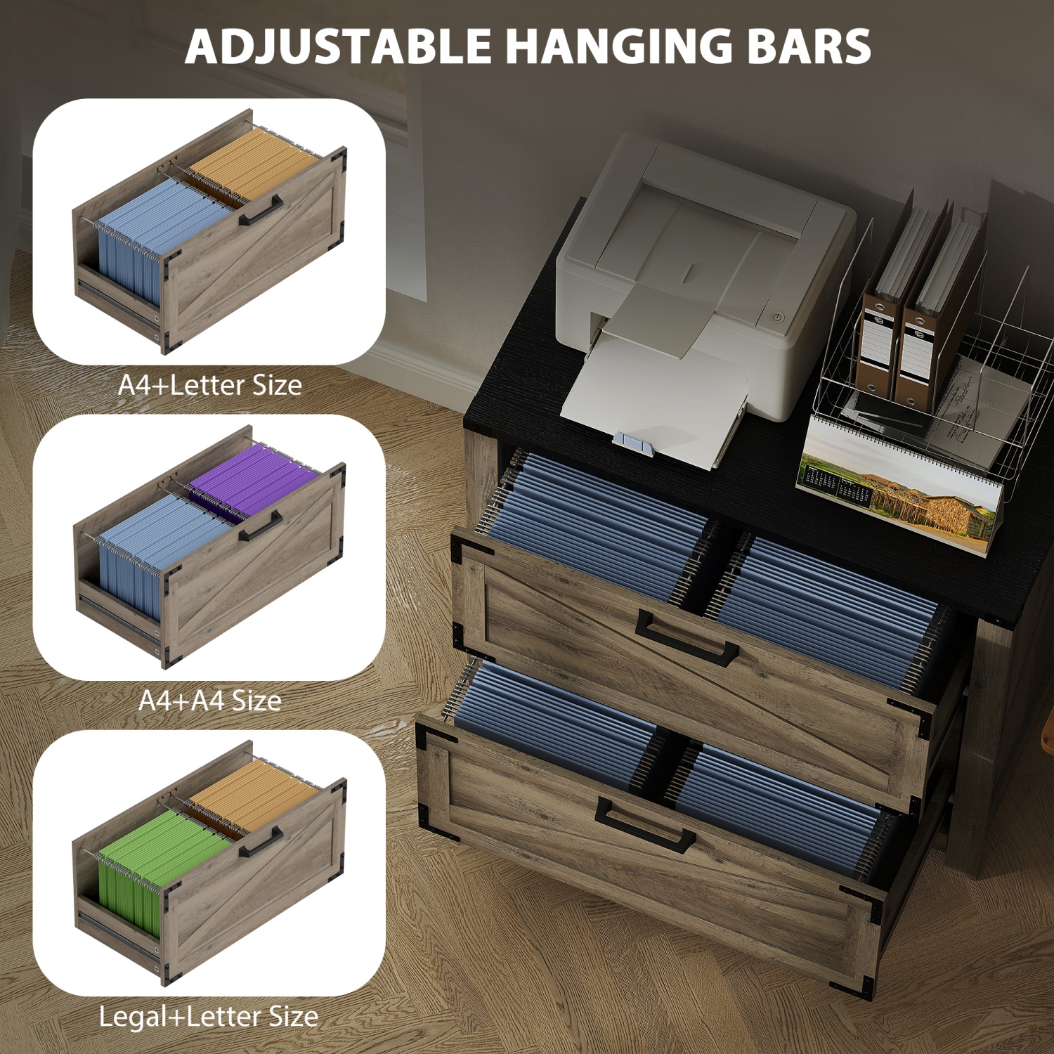 HOMCOM File Cabinet with 2 Drawers, Farmhouse Lateral Filing Cabinet with Adjustable Hanging Bars for Letter, A4 and Legal Size, Printer Stand for