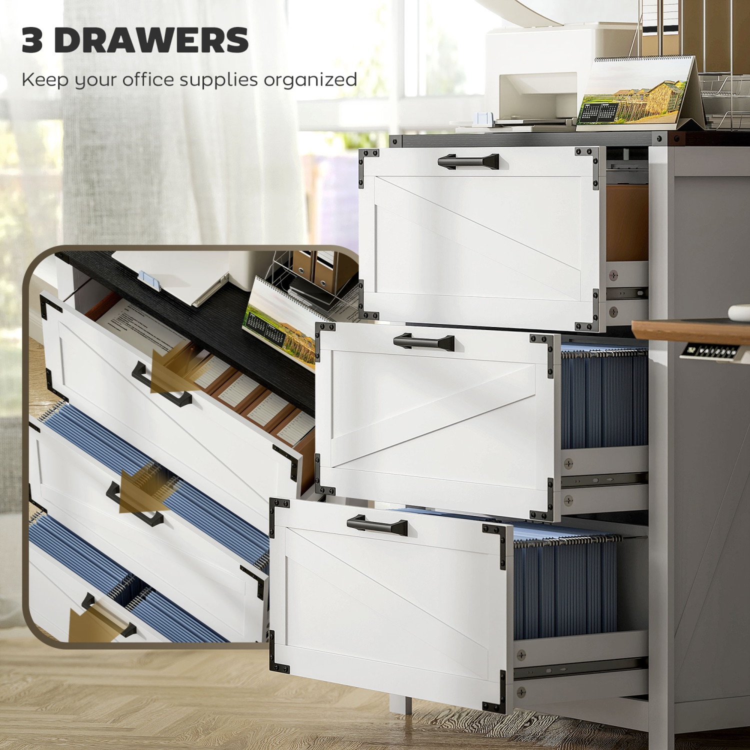 HOMCOM – Classeur à 3 tiroirs, classeur latéral Farmhouse avec barres de suspension réglables pour formats lettre, A4 et légal, support pour