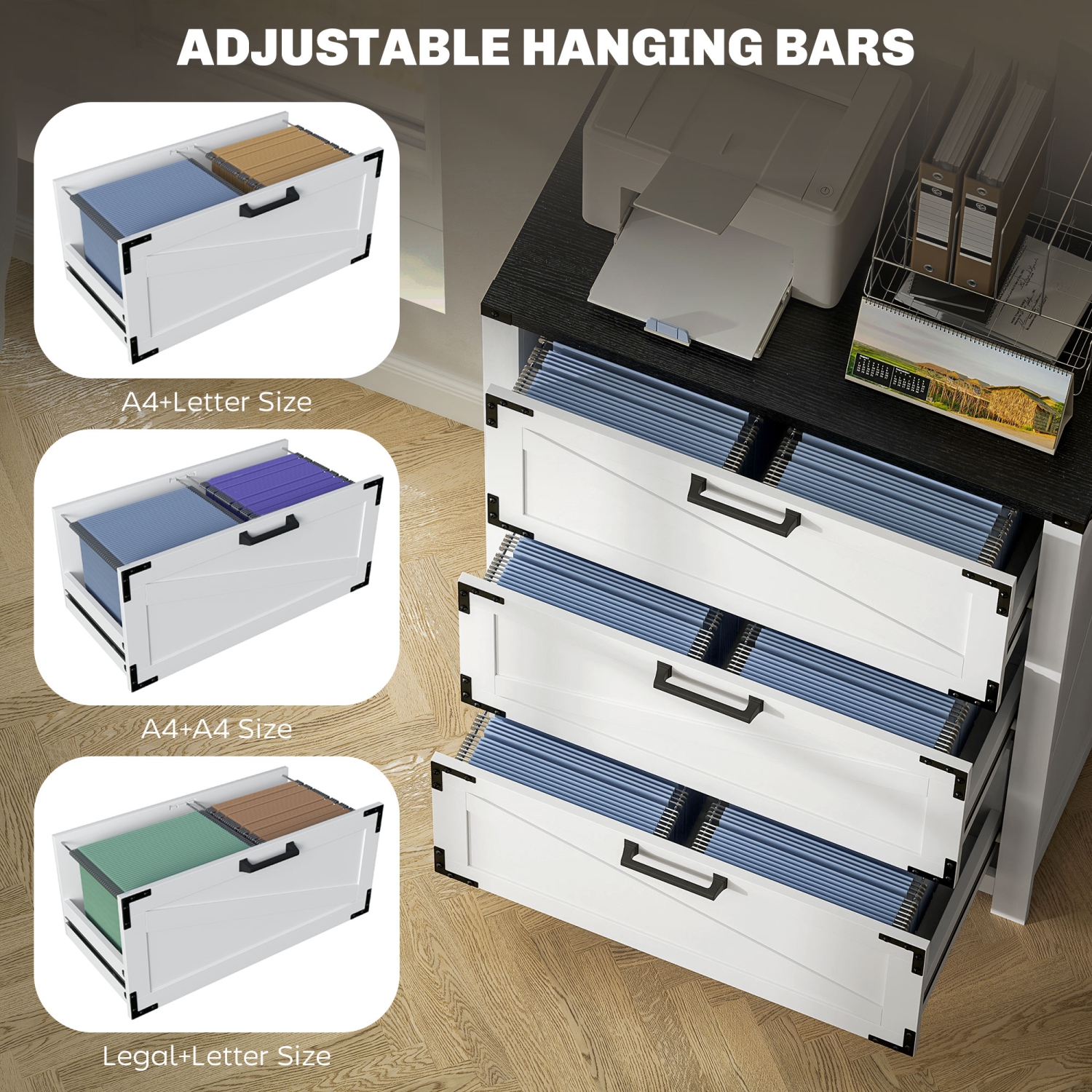 HOMCOM – Classeur à 3 tiroirs, classeur latéral Farmhouse avec barres de suspension réglables pour formats lettre, A4 et légal, support pour