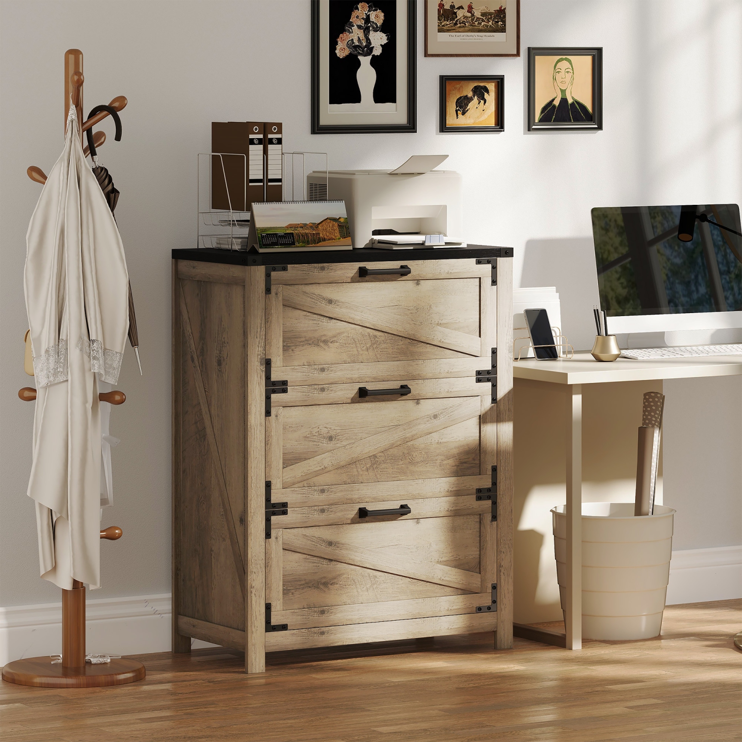 Classeur à 3 tiroirs de HOMCOM, classeur latéral Farmhouse avec barres de suspension réglables pour formats lettre, A4 et légal, support pour