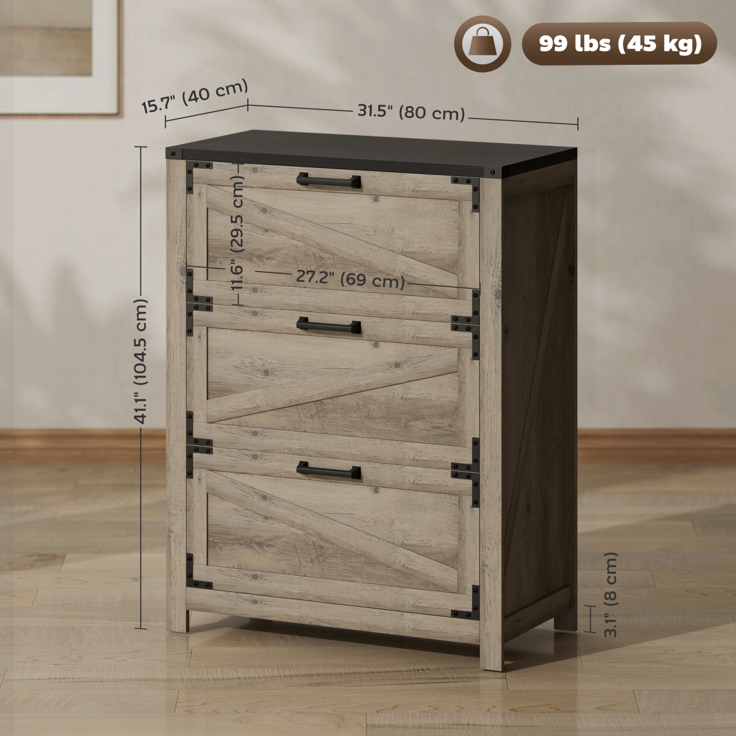 Classeur à 3 tiroirs de HOMCOM, classeur latéral Farmhouse avec barres de suspension réglables pour formats lettre, A4 et légal, support pour