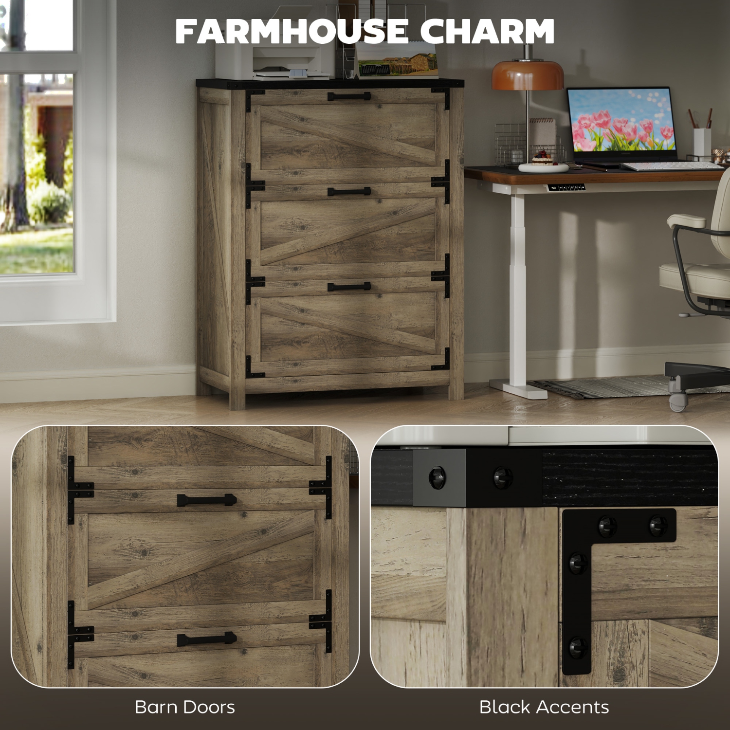 Classeur à 3 tiroirs de HOMCOM, classeur latéral Farmhouse avec barres de suspension réglables pour formats lettre, A4 et légal, support pour