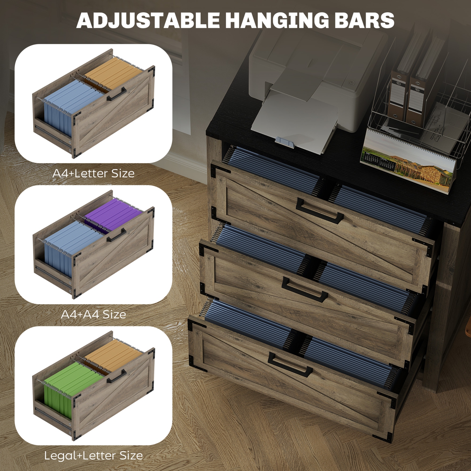 Classeur à 3 tiroirs de HOMCOM, classeur latéral Farmhouse avec barres de suspension réglables pour formats lettre, A4 et légal, support pour