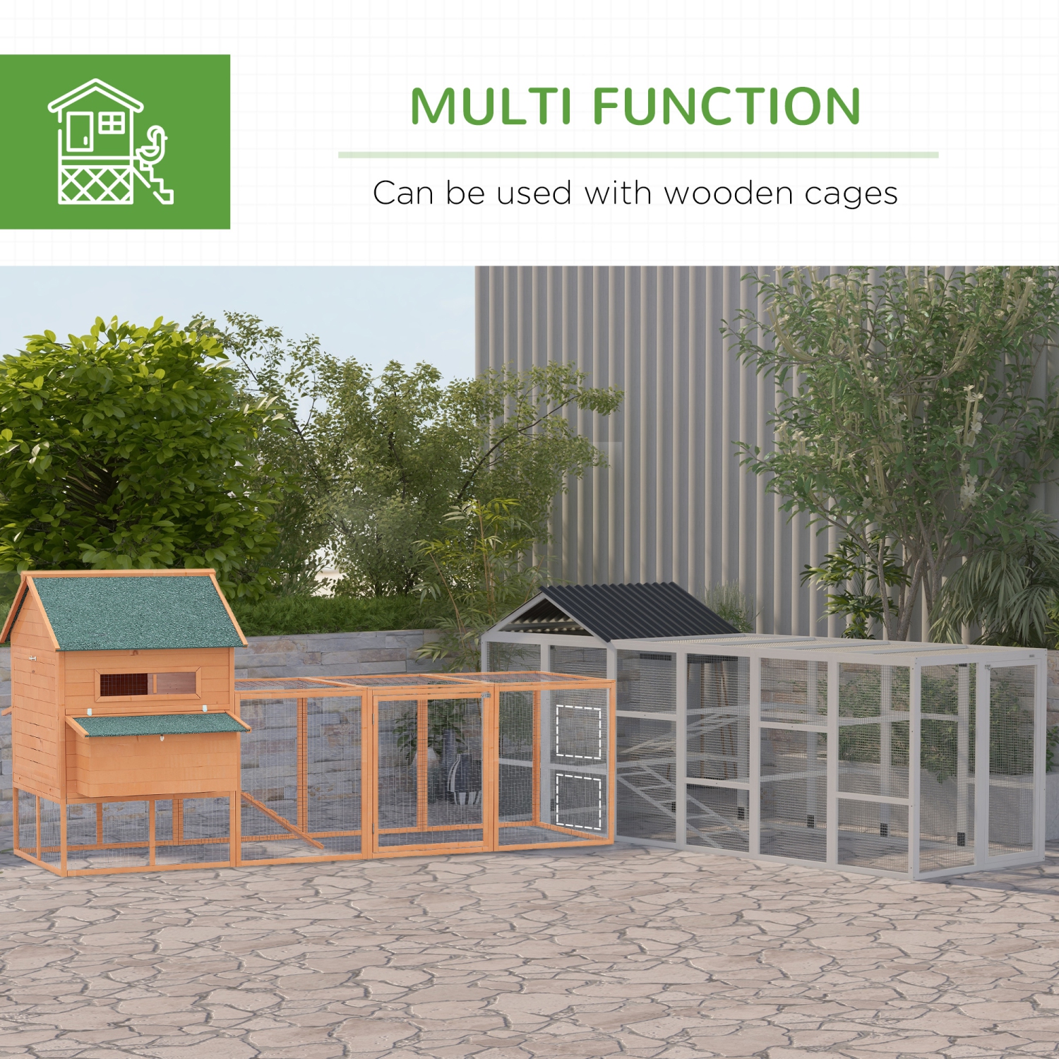 PawHut Outdoor Wooden Chicken Coop with Run, Ramps, Perches, Storage, Backyard Hen House with Combinable Design for 6 - 10 Chickens, 142" x 48" x