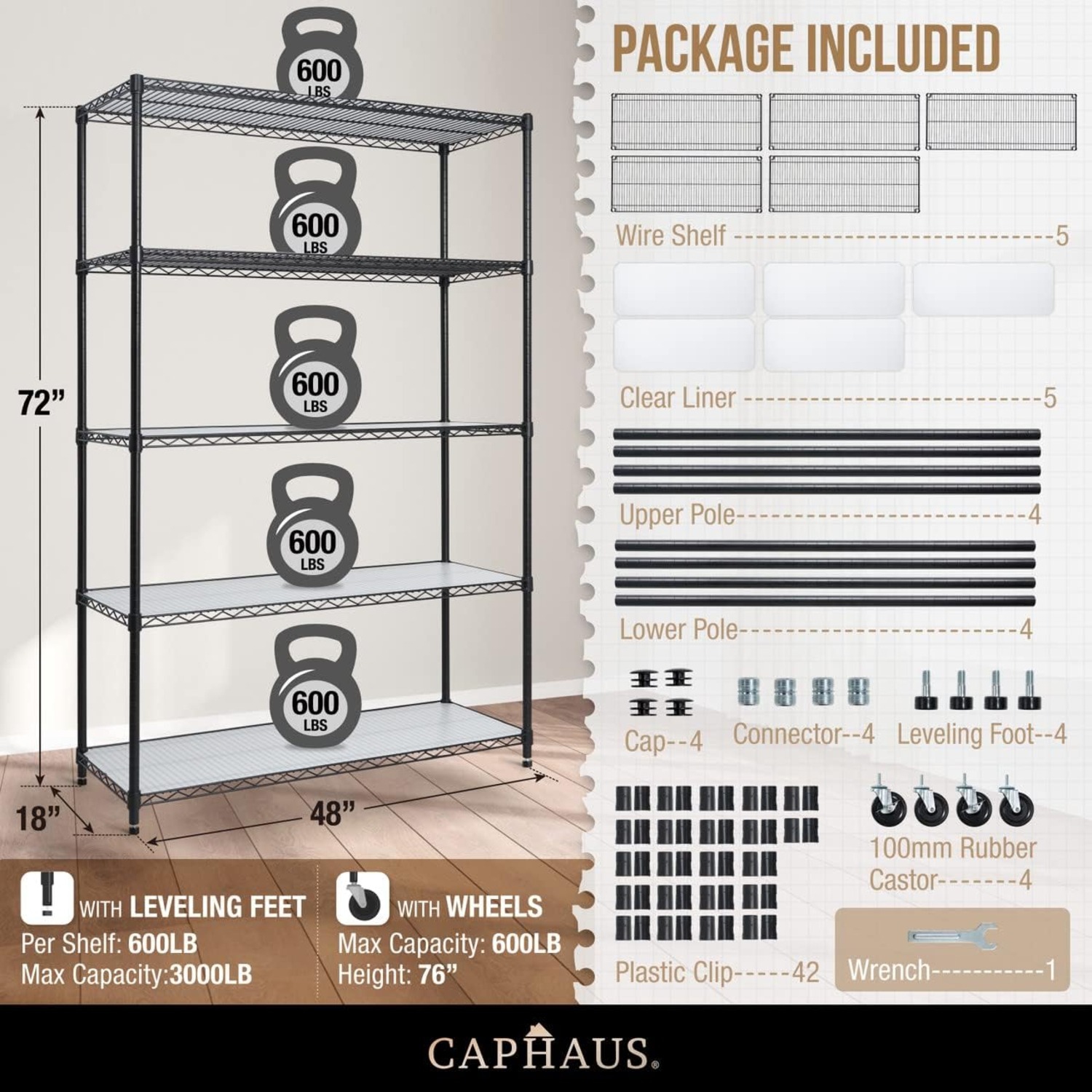 CAPHAUS NSF Commercial Grade Heavy Duty Wire Shelving w/Wheels, Leveling Feet & Liners, Storage Metal Shelf, Garage Shelving Storage, Utility Wire