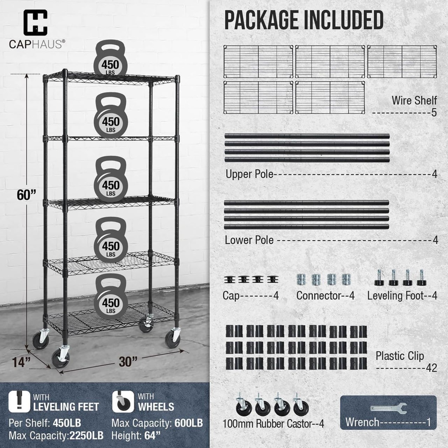 CAPHAUS Heavy-Duty Adjustable Height Wire Shelving Unit, Wire Rack Shelving, Metal Steel Storage Shelves, Garage Shelving Storage Organizer, Utility