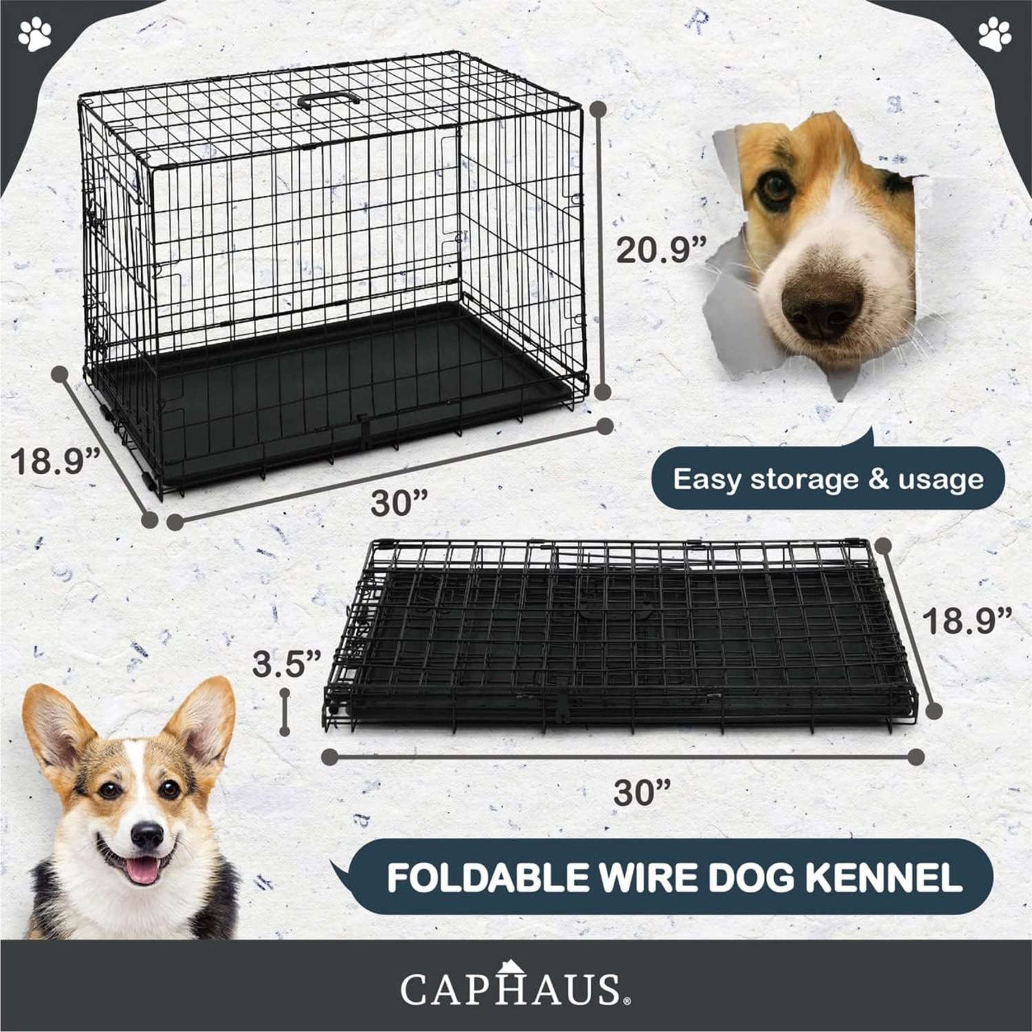 CAPHAUS Foldable Dog Crate Wire Metal Dog Kennel w/Leak-Proof Pan & Protecting Feet & Divider Panel, Single or Double Door, Small, Medium & Large Dog