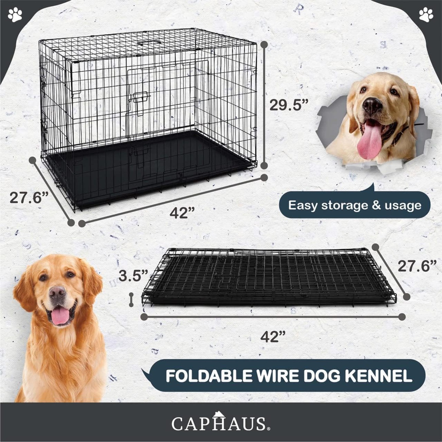 CAPHAUS Foldable Dog Crate Wire Metal Dog Kennel w/Divider Panel, Leak-Proof Pan & Protecting Feet, Single & Double Door, Small, Medium & Large Dog