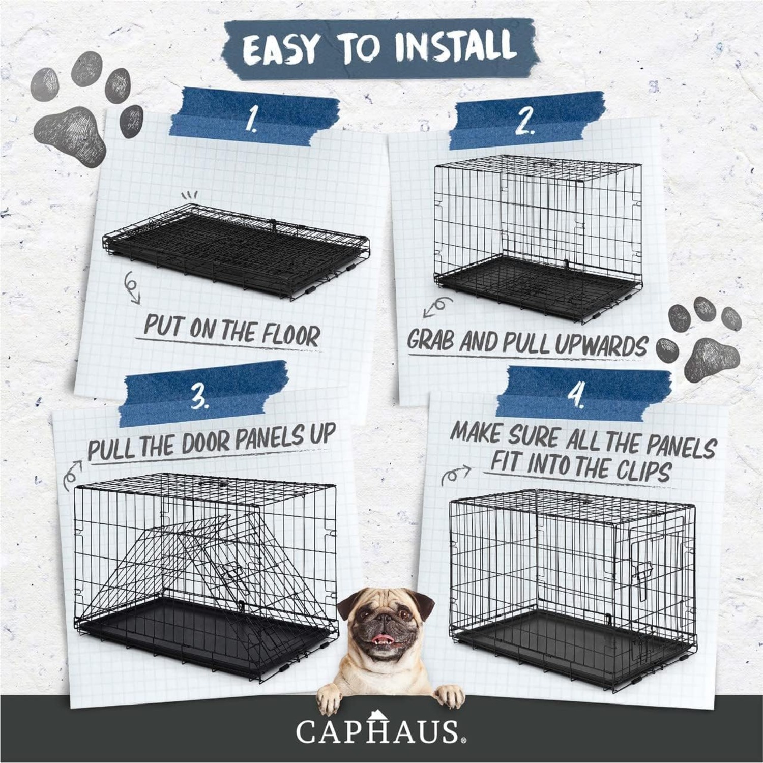 CAPHAUS Foldable Dog Crate Wire Metal Dog Kennel w/Divider Panel, Leak-Proof Pan & Protecting Feet, Single & Double Door, Small, Medium & Large Dog