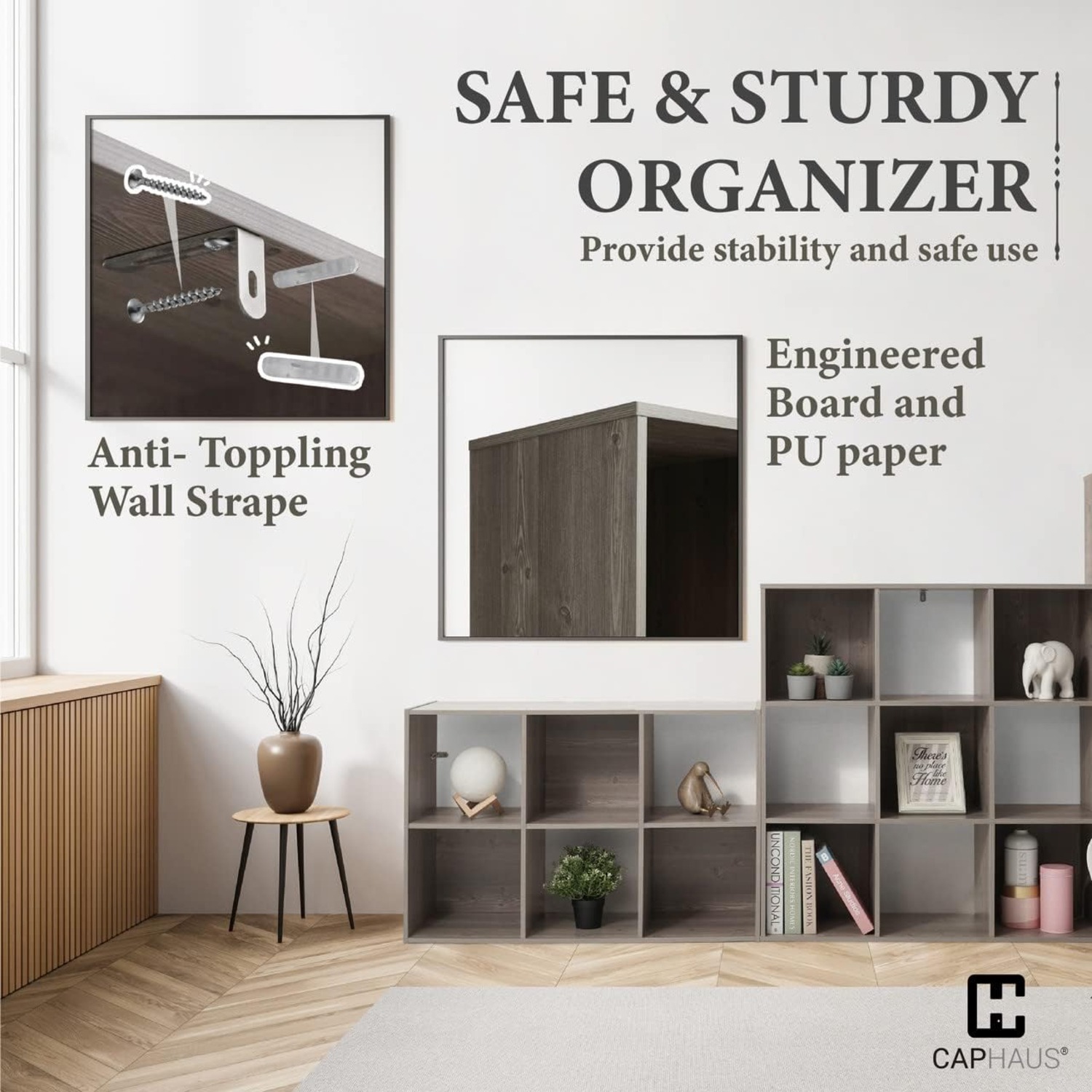 CAPHAUS Sturdy Room 11-Inch Cube Storage Organizer Shelf, with Thick Exterior Edge, Storage Shelf Divider w/Back, Bookcase,9-Cube, Rustic Grey Oak