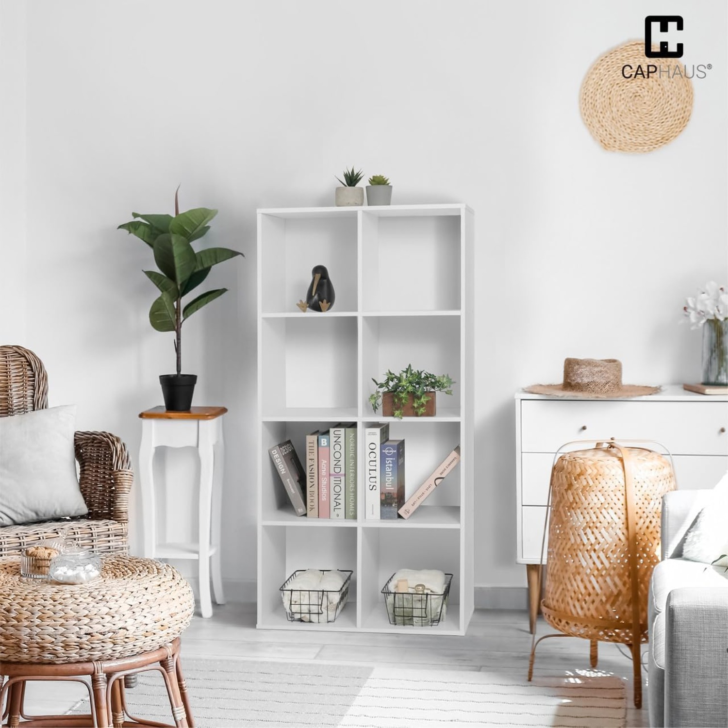 CAPHAUS Sturdy Room 11-Inch Cube Storage Organizer Shelf, with Thick Exterior Edge, Storage Shelf Divider w/Back, Bookcase, 8-Cube, Rustic Grey Oak