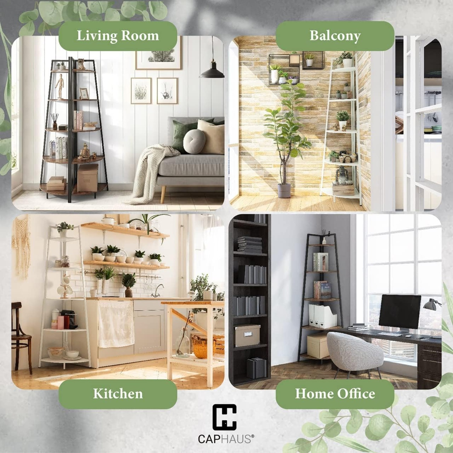 CAPHAUS – Grand support en coin, tablettes de présentation à 4 niveaux, étagère en coin pour plante de rangement en bois en échelle avec cadre en