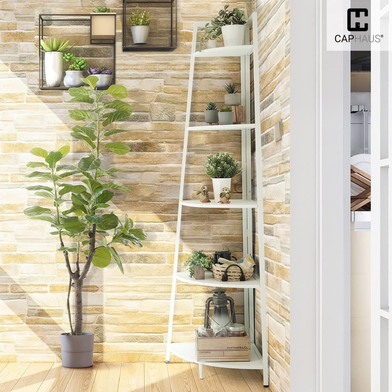 CAPHAUS – Grand support en coin, tablettes de présentation à 4 niveaux, étagère en coin en bois en échelle avec cadre en métal, étagère polyvalente