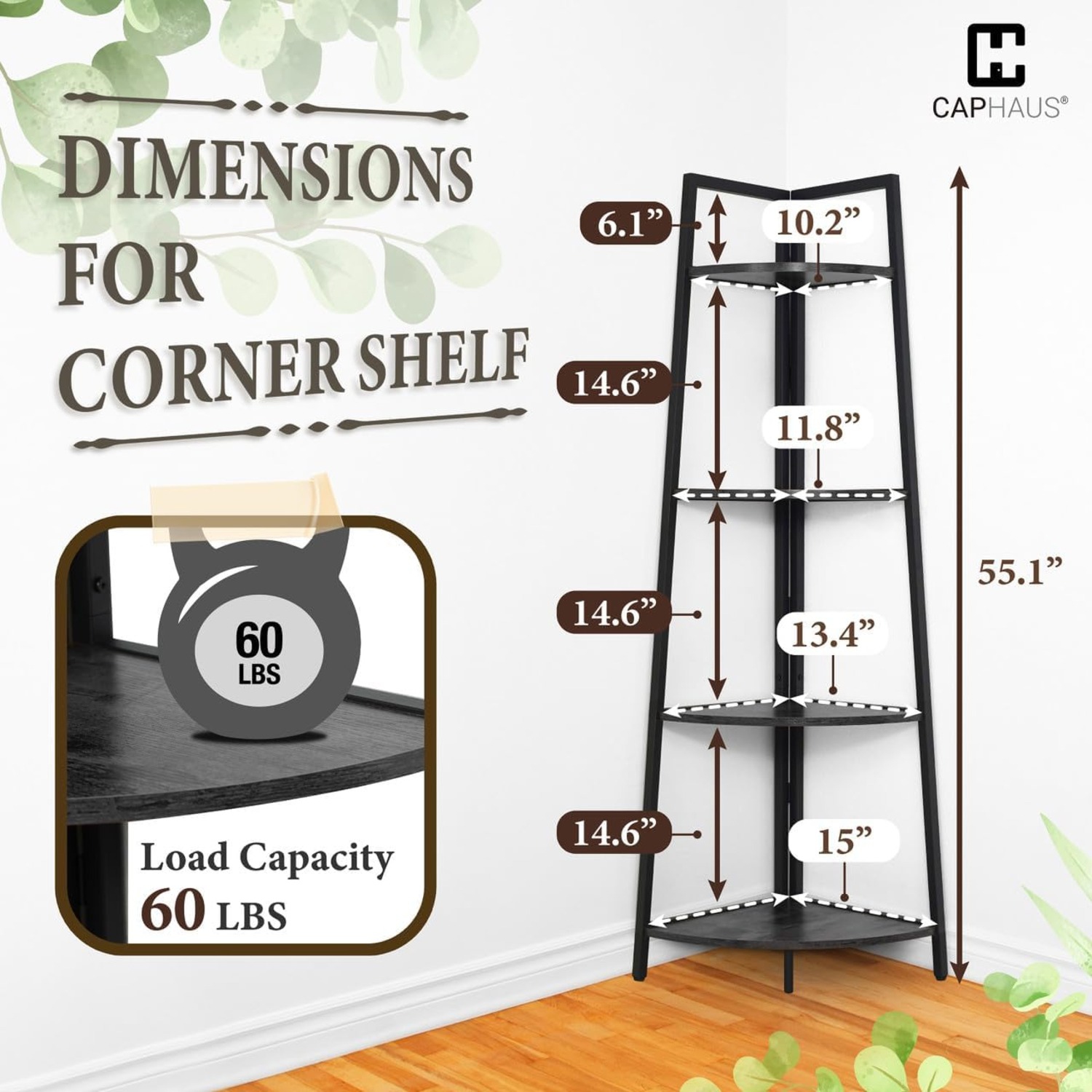 CAPHAUS Tall Corner Shelf Stand, 4-Tier Display Shelves, Ladder Corner Wood Storage Plant Bookshelf with Metal Frame, Versatile Shelving Unit