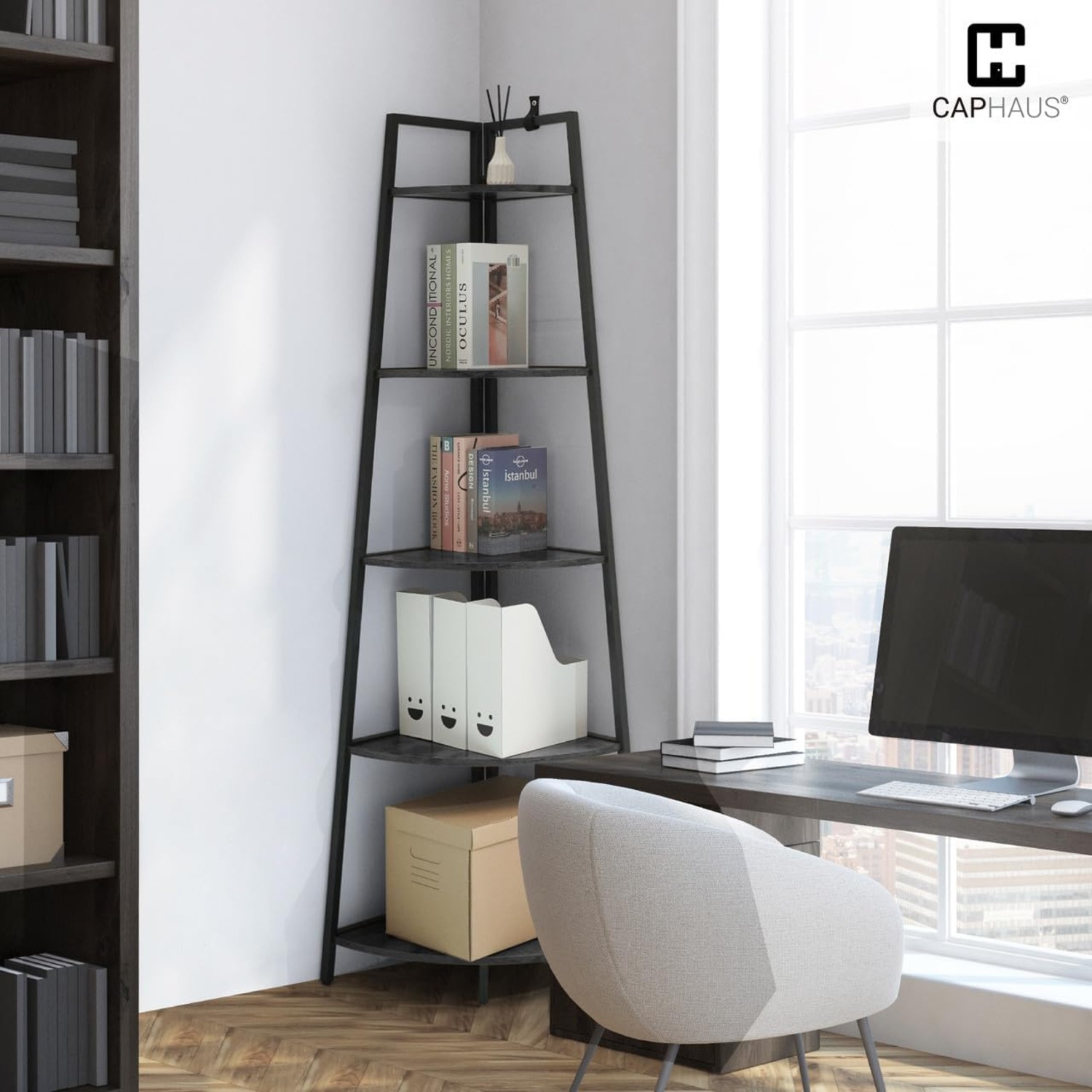 CAPHAUS Tall Corner Shelf Stand, 4-Tier Display Shelves, Ladder Corner Wood Storage Plant Bookshelf with Metal Frame, Versatile Shelving Unit