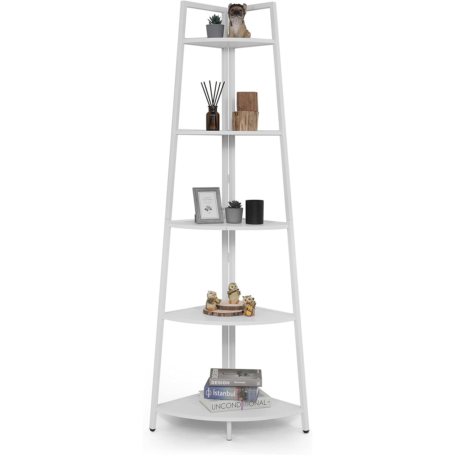 CAPHAUS – Grand support en coin, tablettes de présentation à 5 niveaux, étagère en coin en bois en échelle avec cadre en métal, étagère polyvalente