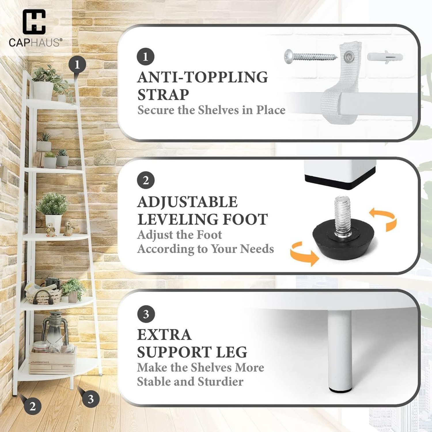 CAPHAUS – Grand support en coin, tablettes de présentation à 5 niveaux, étagère en coin en bois en échelle avec cadre en métal, étagère polyvalente