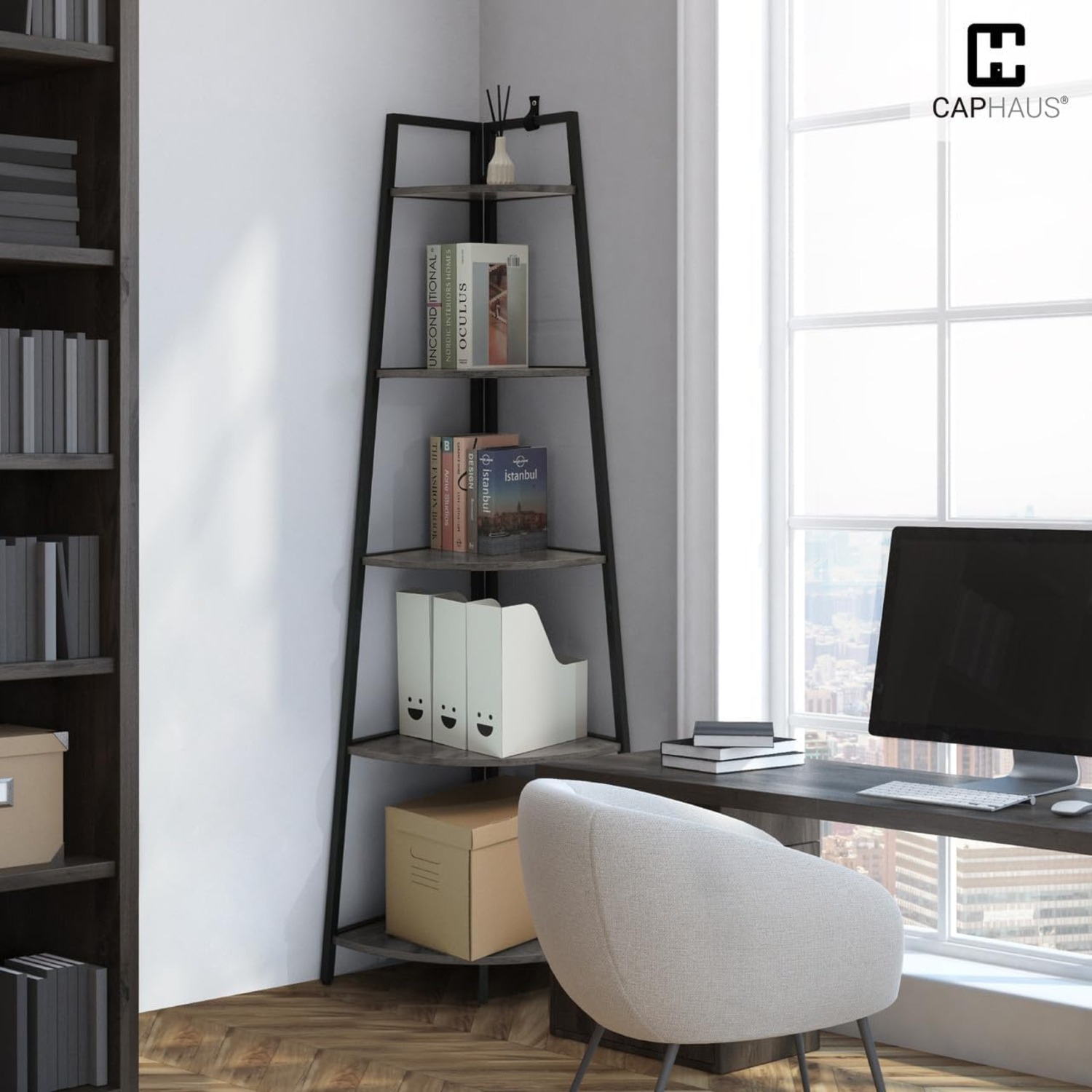 CAPHAUS – Grand support en coin, tablettes de présentation à 5 niveaux, étagère en coin pour plante de rangement en bois en échelle avec cadre en