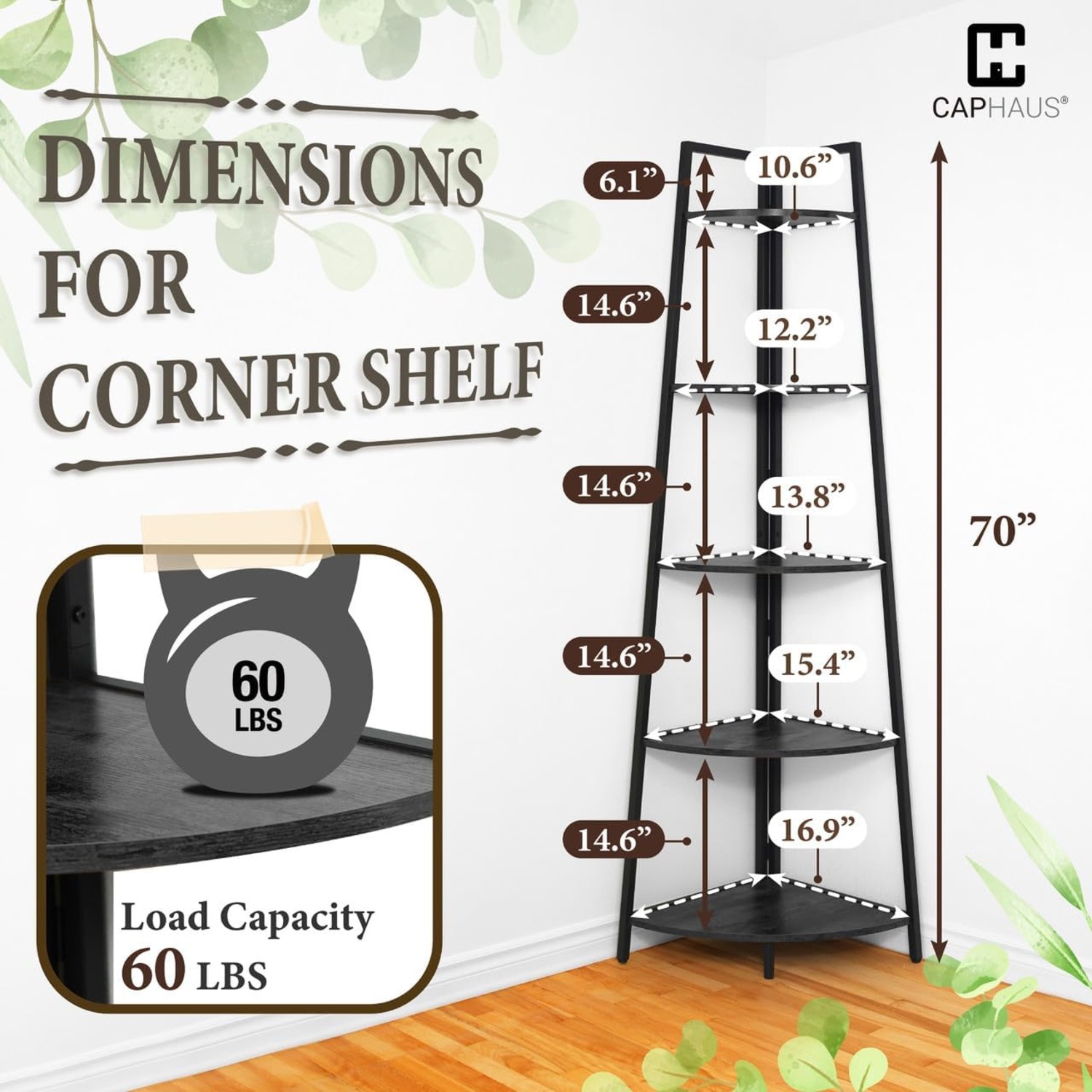 CAPHAUS Tall Corner Shelf Stand, 5-Tier Display Shelves, Ladder Corner Wood Storage Plant Bookshelf with Metal Frame, Versatile Shelving Unit