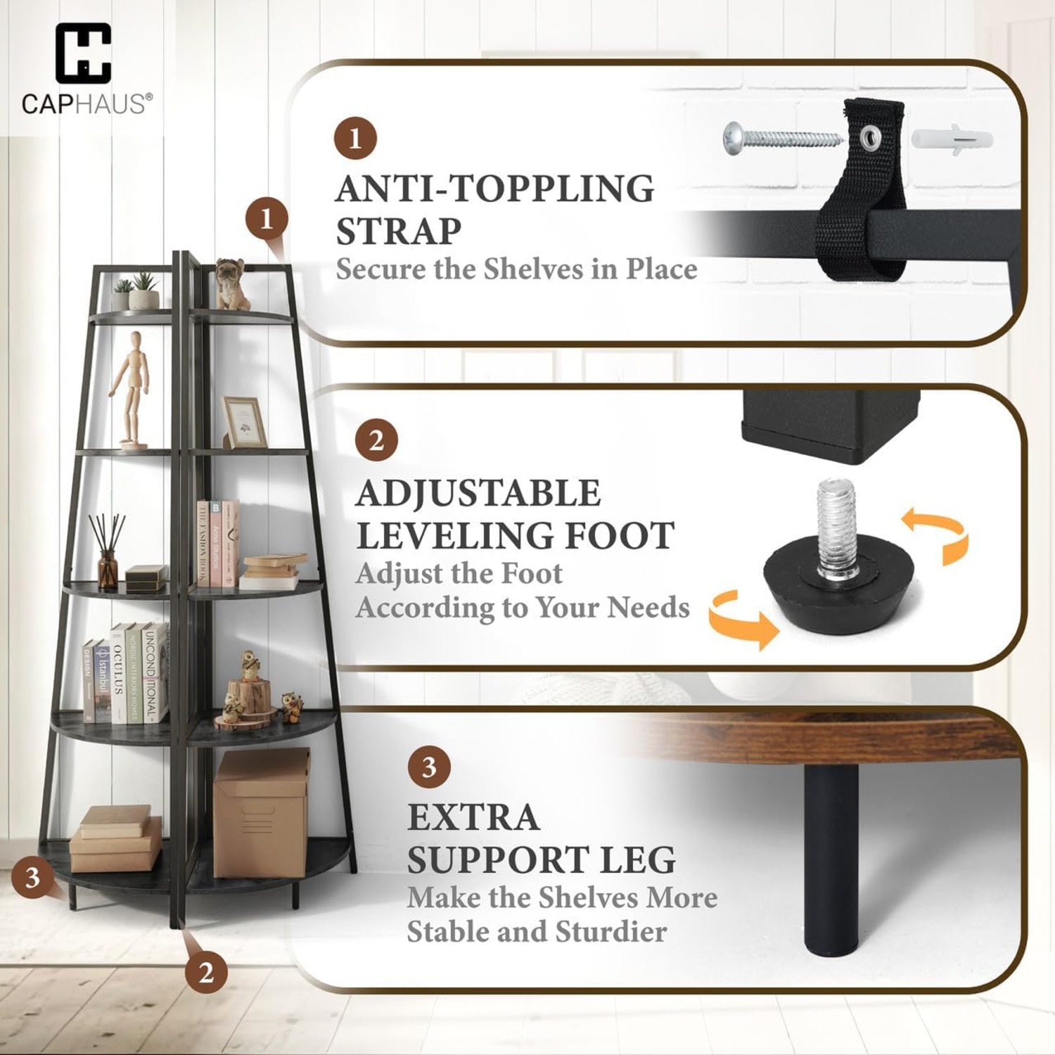CAPHAUS Tall Corner Shelf Stand, 5-Tier Display Shelves, Ladder Corner Wood Storage Plant Bookshelf with Metal Frame, Versatile Shelving Unit