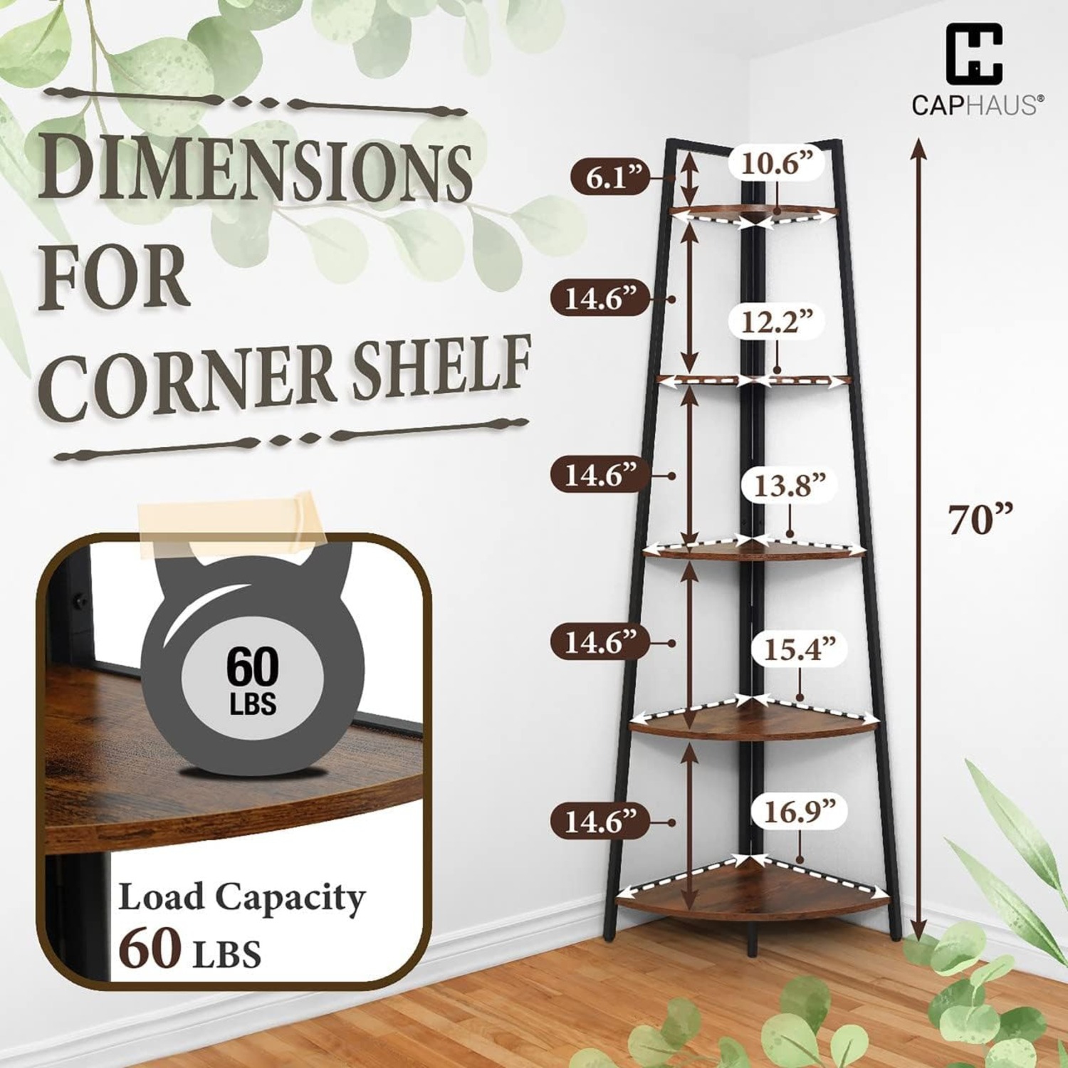CAPHAUS Tall Corner Shelf Stand, 5-Tier Display Shelves, Ladder Corner Wood Storage Plant Bookshelf with Metal Frame, Versatile Shelving Unit
