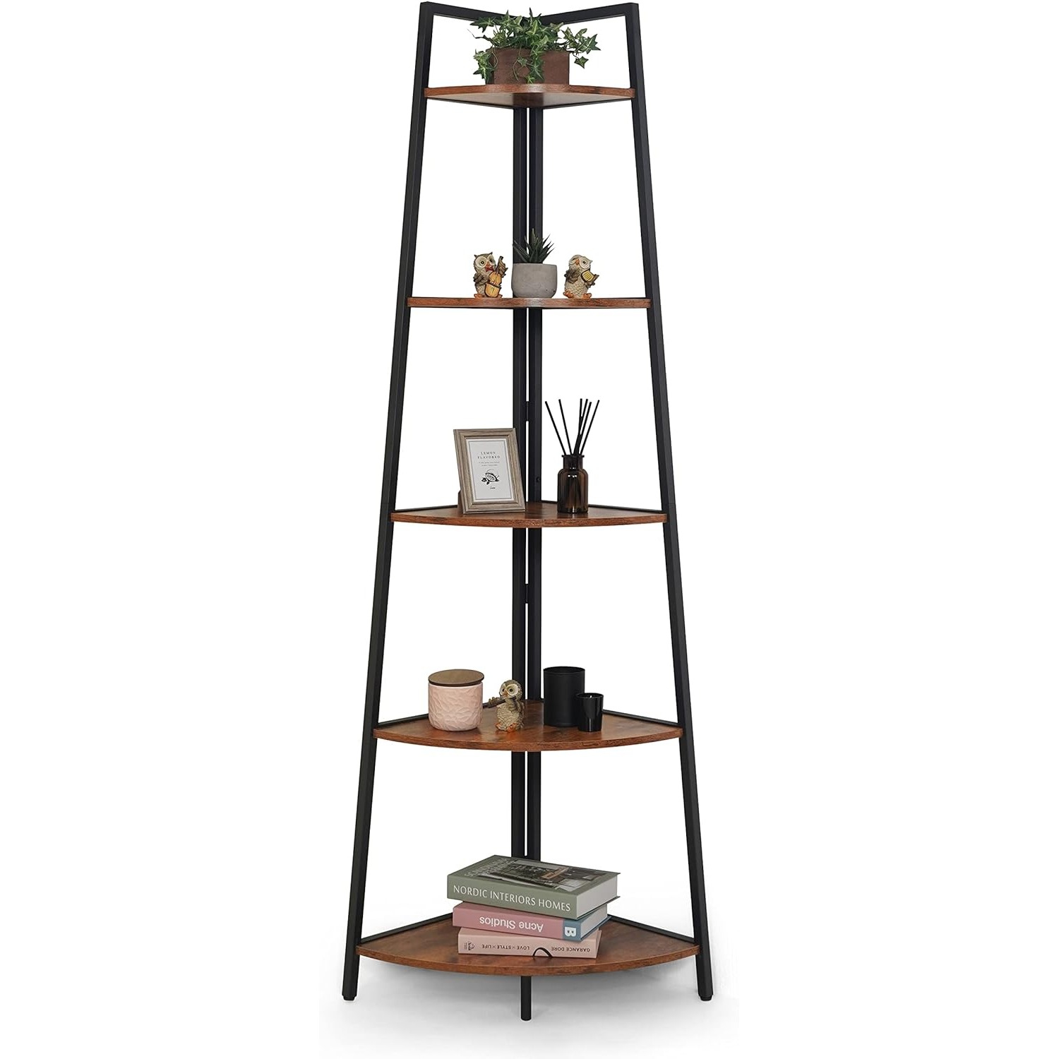 CAPHAUS Tall Corner Shelf Stand, 5-Tier Display Shelves, Ladder Corner Wood Storage Plant Bookshelf with Metal Frame, Versatile Shelving Unit