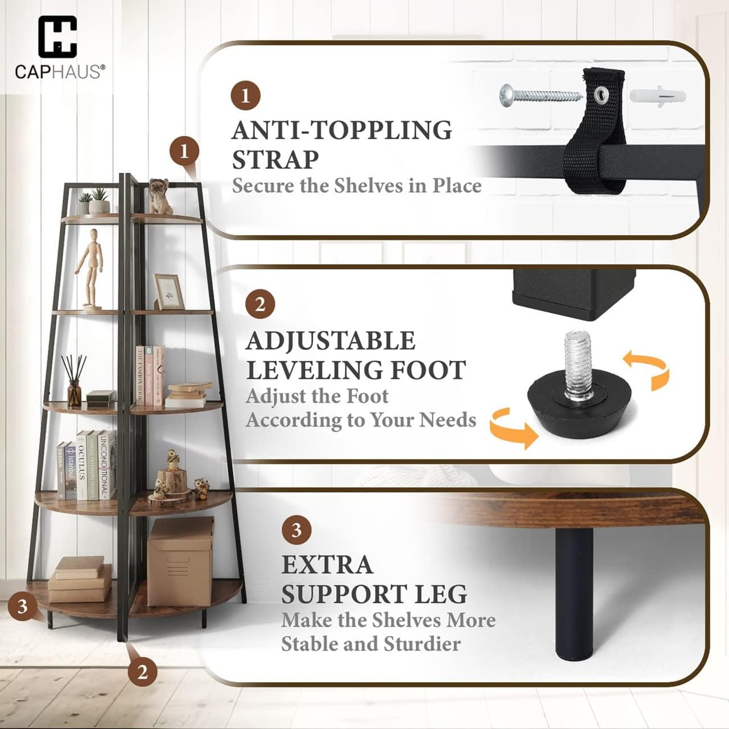 CAPHAUS Tall Corner Shelf Stand, 5-Tier Display Shelves, Ladder Corner Wood Storage Plant Bookshelf with Metal Frame, Versatile Shelving Unit