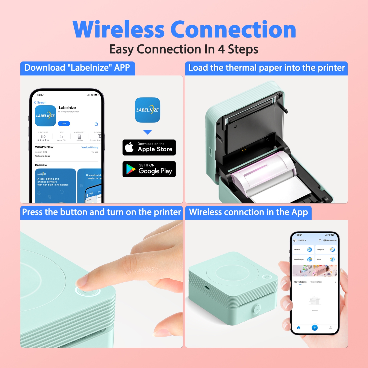 Sticker Printer, PM230 Mini Thermal Printer Bluetooth Portabel Sticker Maker with 3 Rolls of Paper, Print Pods Mini Printer with Multiple Templates