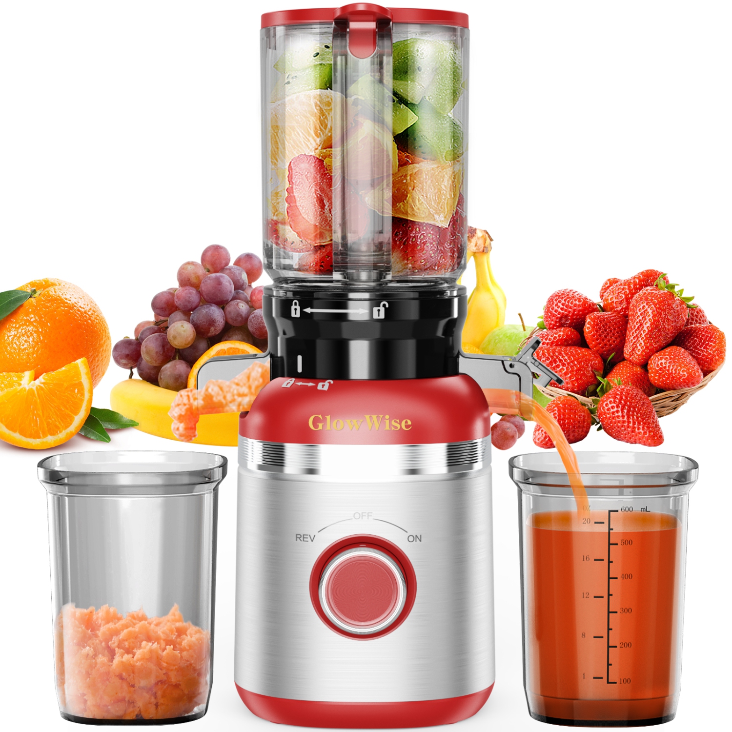 GlowWise Juicer Machines 4.35" wide chute for whole fruits, built-in slicing blades, easy to clean, quiet operation, high juice yield, perfect for