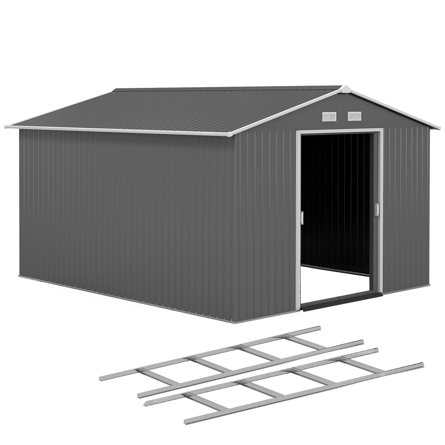 Remise de jardin Outsunny de 9 x 11 pi avec trousse de base, maison de rangement en métal à outils double pour jardin extérieur, gris pâle
