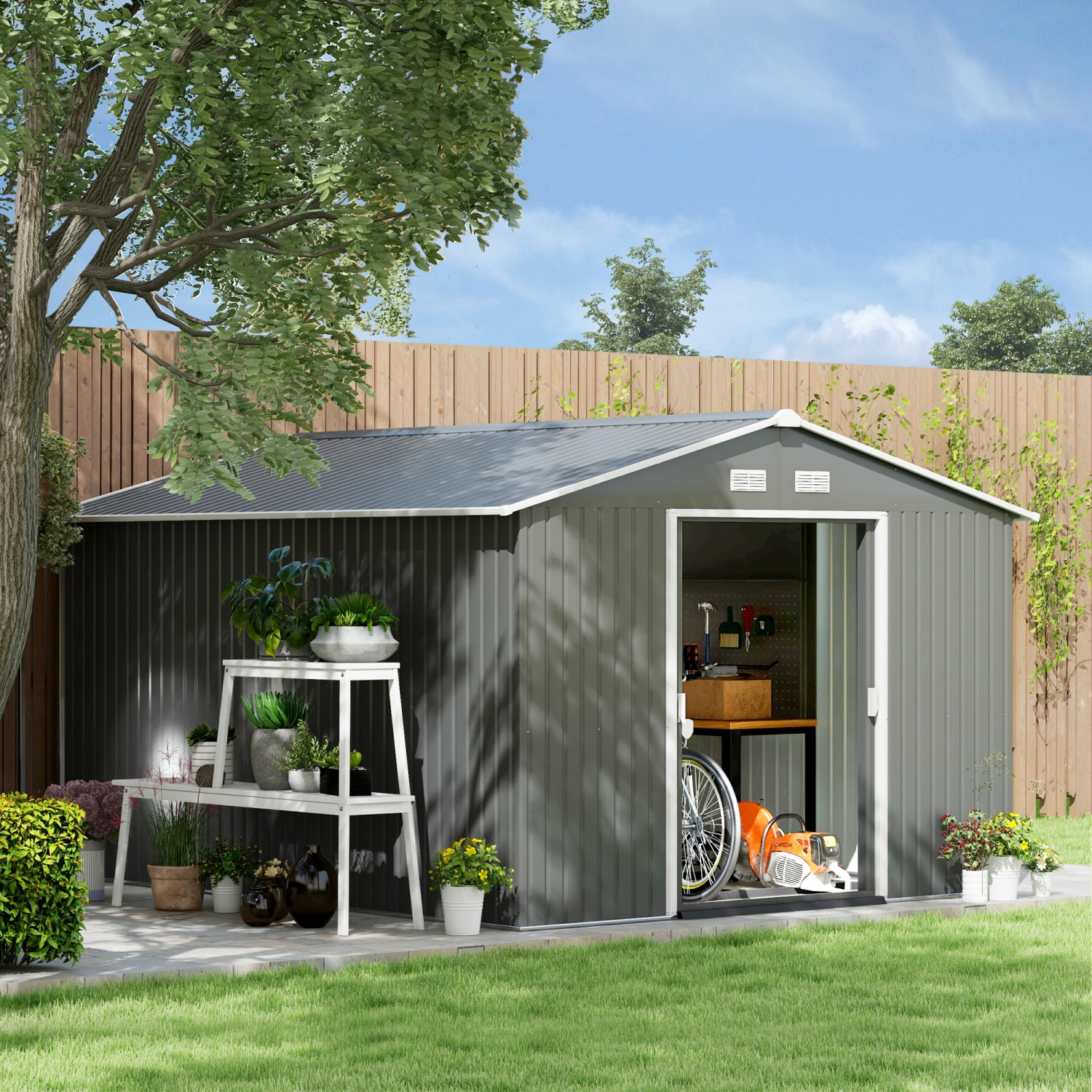 Remise de jardin Outsunny de 9 x 11 pi avec trousse de base, maison de rangement en métal à outils double pour jardin extérieur, gris pâle