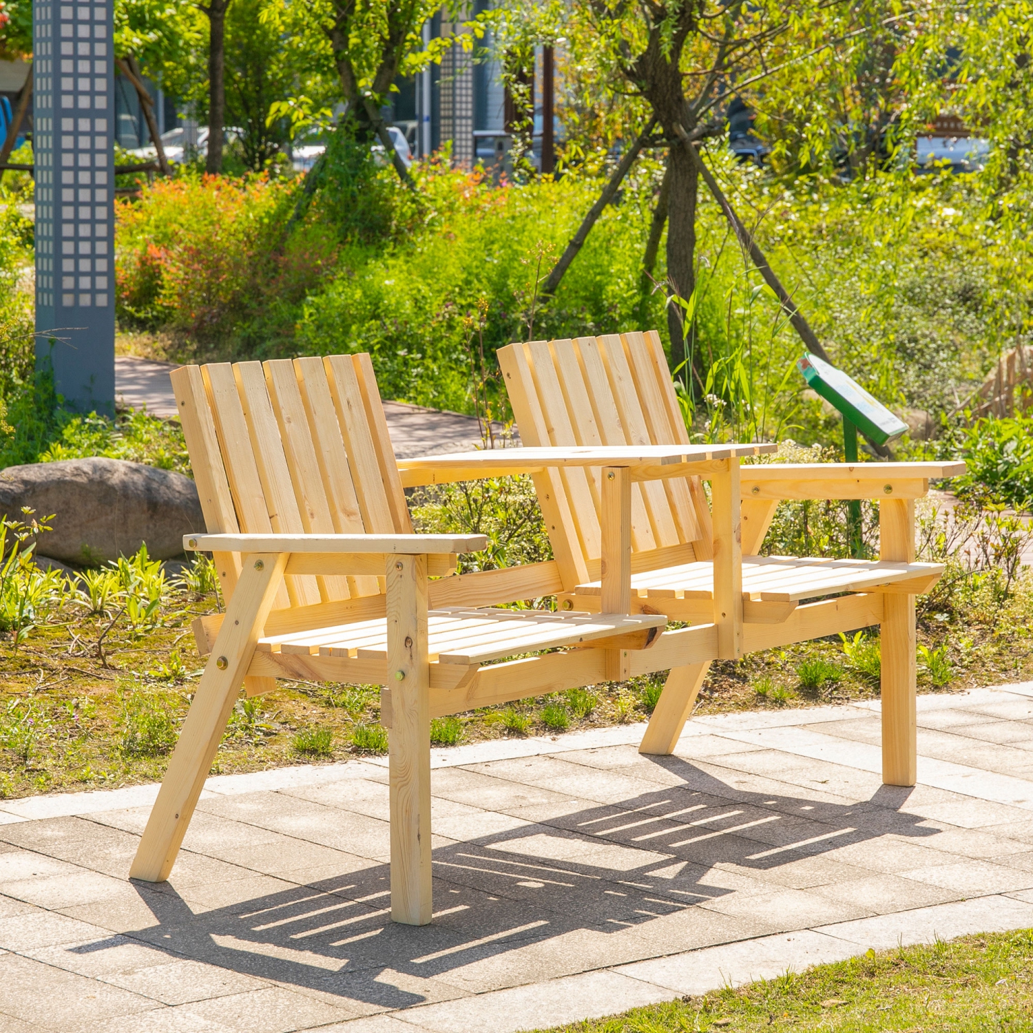 Banc extérieur en bois 2 places Outsunny avec table centrale et trou pour parasol, banc de jardin pour 2&nbsp;personnes, causeuse de patio avec siège